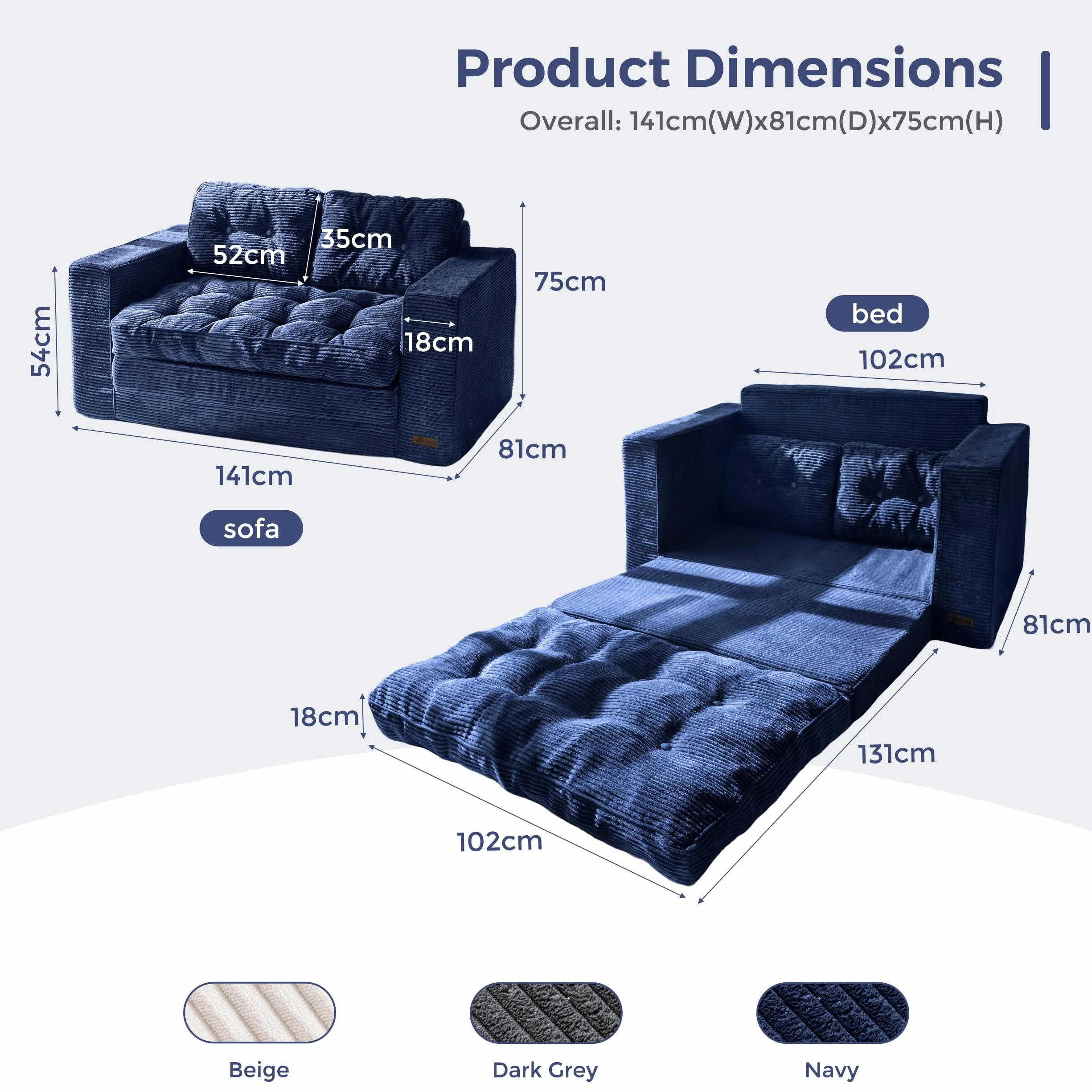 MAXYOYO Sofa rozkładana, sofa Loveseat, rozkładana z 2 poduszkami, 2 w 1, wygodna sofa sztruksowa, 2-osobowa, leżak podłogowy, wysuwana powierzchnia do spania, 101 x 196 cm, cienka pianka 15 cm