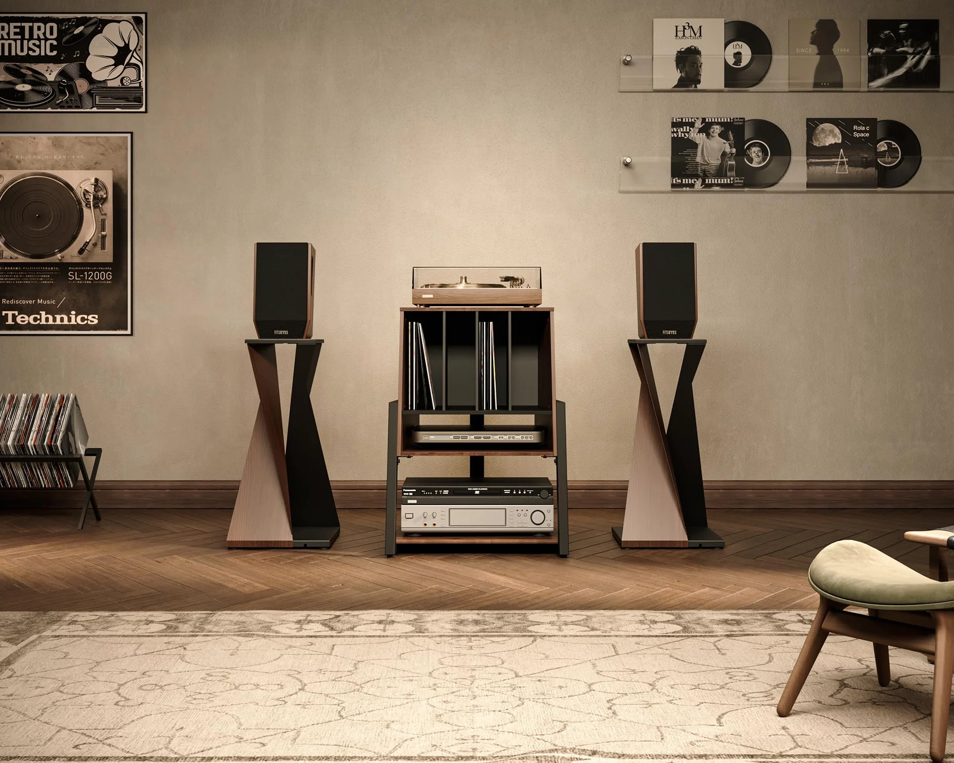FITUEYES Designerski gramofon, stół HiFi, do gramofonów, płyt gramofonowych, kompaktowych urządzeń, regałów, nowoczesna, elegancka seria Eiffel