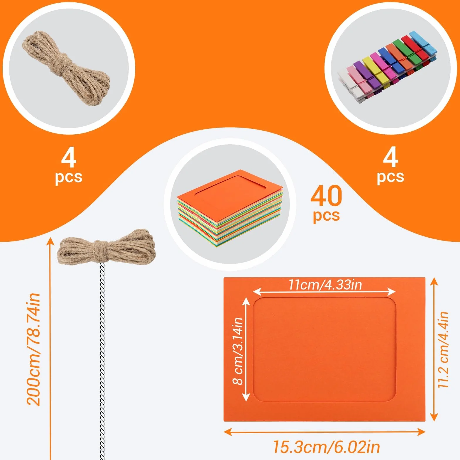 Mbsomnus 40 sztuk girlandy na zdjęcia 10 x 15 cm, papierowe ramki na zdjęcia z klamerkami, kolorowa z 40 drewnianymi klamerkami, 4 sztuki liny konopnej, kartonowe ramki na zdjęcia 15 cm, do