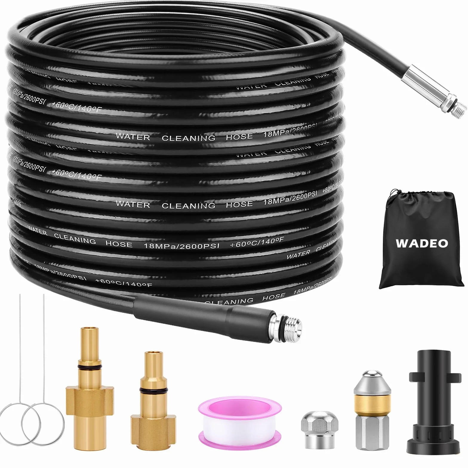 WADEO Wąż do czyszczenia rur, zestaw do czyszczenia odpływów 20 m, 200 bar, 60°C, w zestawie torba, 3 adaptery i dysze sztywne + obrotowe, kompatybilny z myjką wysokociśnieniową Kärcher K2, K3, K4, K5
