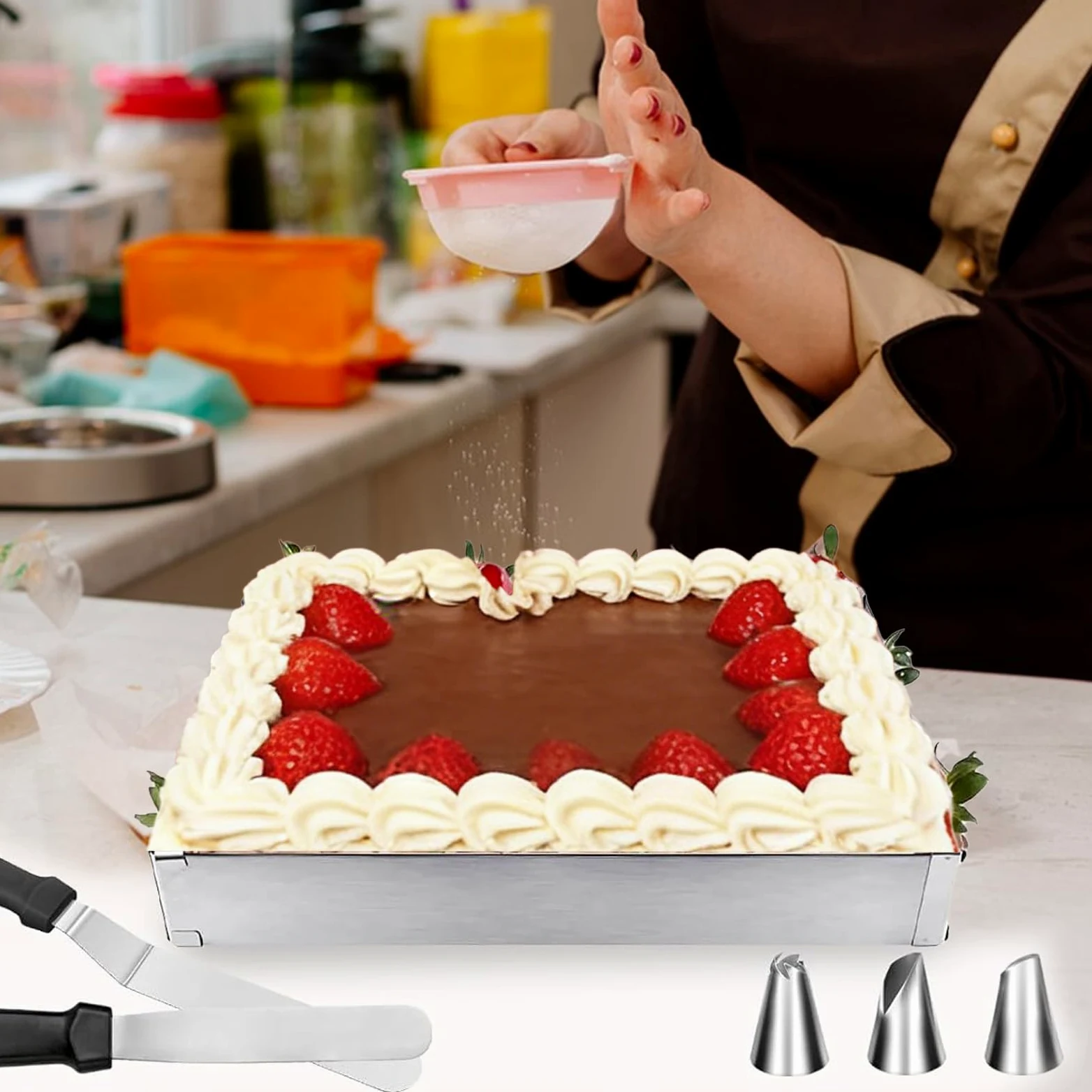 Regulowany prostokątny zestaw pierścionków do ciasta – rama do pieczenia ze stali nierdzewnej z podziałką, szpatułką, workiem do piping bag i dyszkami, sejf do mycia w zmywarce