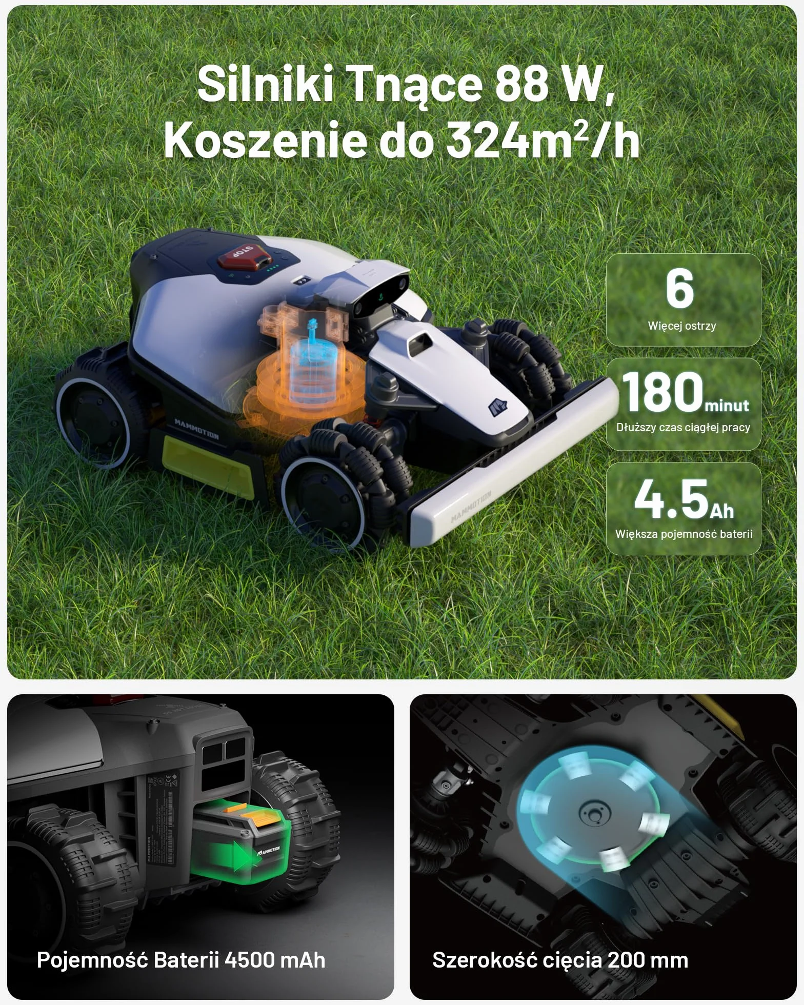 MAMMOTION LUBA mini AWD 800 Robot Koszący,Zalecane 800 m², maks.1000 m², UltraSense AI Vision + RTK Automatyczne Mapowanie, Nachylenia 80%, Wysokość Koszenia 25-70 mm