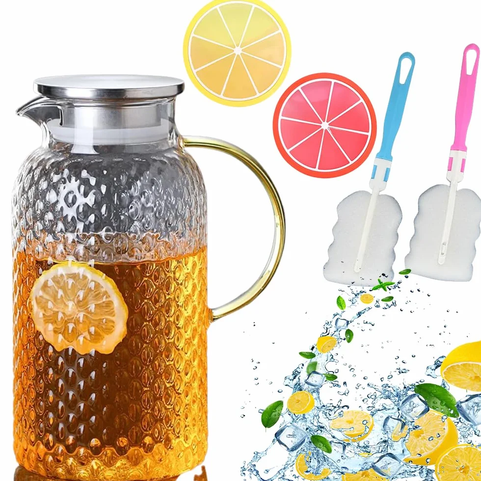 Dzbanek na wodę 1,8 l, szklany dzbanek z pokrywką, przezroczysta i odporna na ciepło butelka na wodę wykonana ze szkła borokrzemianowego, idealny do mleka, soku, kawy lub ciepłej wody