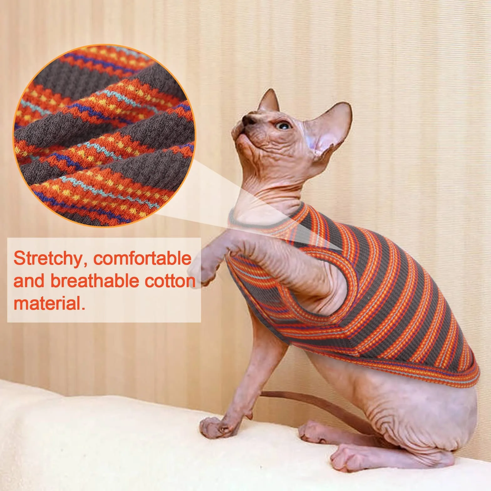 Oddychająca koszulka bez rękawów dla kota Sfinks, Cornish Rex, Devon Rex - letnia odzież w paski