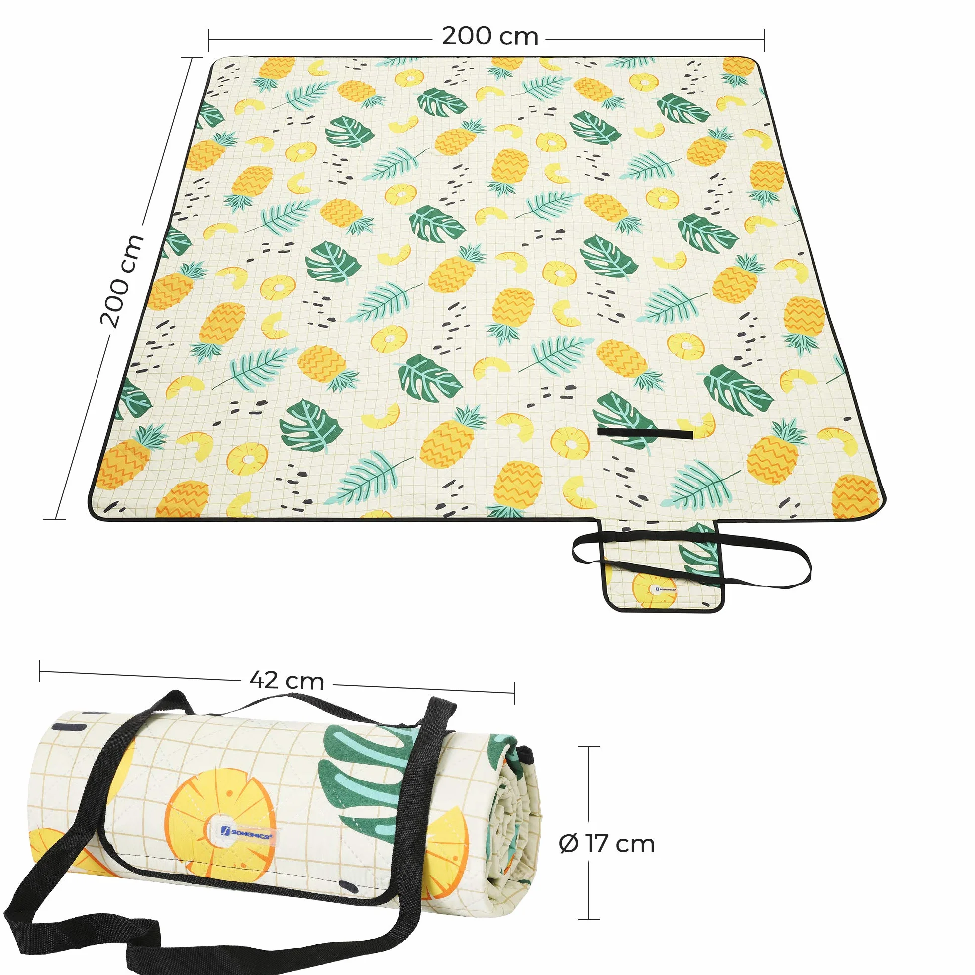 SONGMICS Couverture de Pique-Nique, 200 x 200 cm, Tapis de Plage, Grand, pour Camping, Parc, Cour, extérieur, Surface imperméable, Lavable en Machine, Pliable, Motif Ananas GCM087Y01