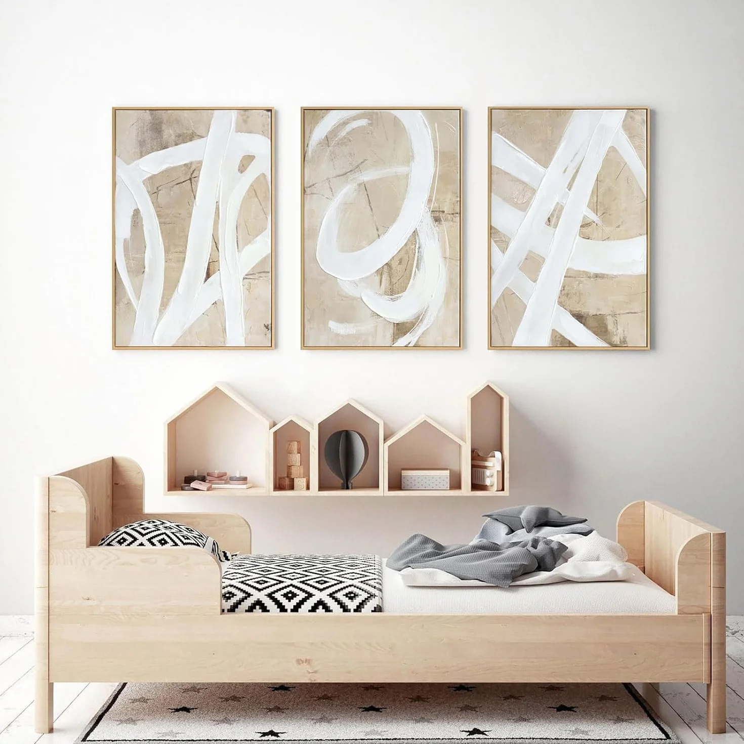 lianyibo Neutralna abstrakcyjna sztuka ścienna minimalistyczna biała brązowa pastelowa farba pociągnięcia kształty plakaty wydruki salon sypialnia dekoracja (50 x 75 cm x 3/rama wewnętrzna)