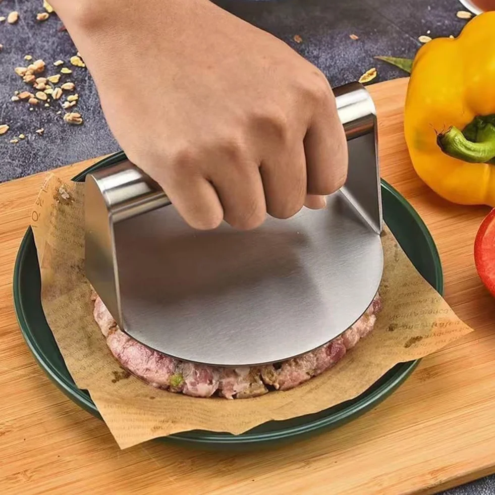 Prasa do burgerów ze stali nierdzewnej, 14 cm, okrągły hamburger smasher, płaskie dno, nieprzywierająca prasa do mięsa, do hamburgerów, bekonu, kiełbasy i mielonej wołowiny na grillu lub patelni