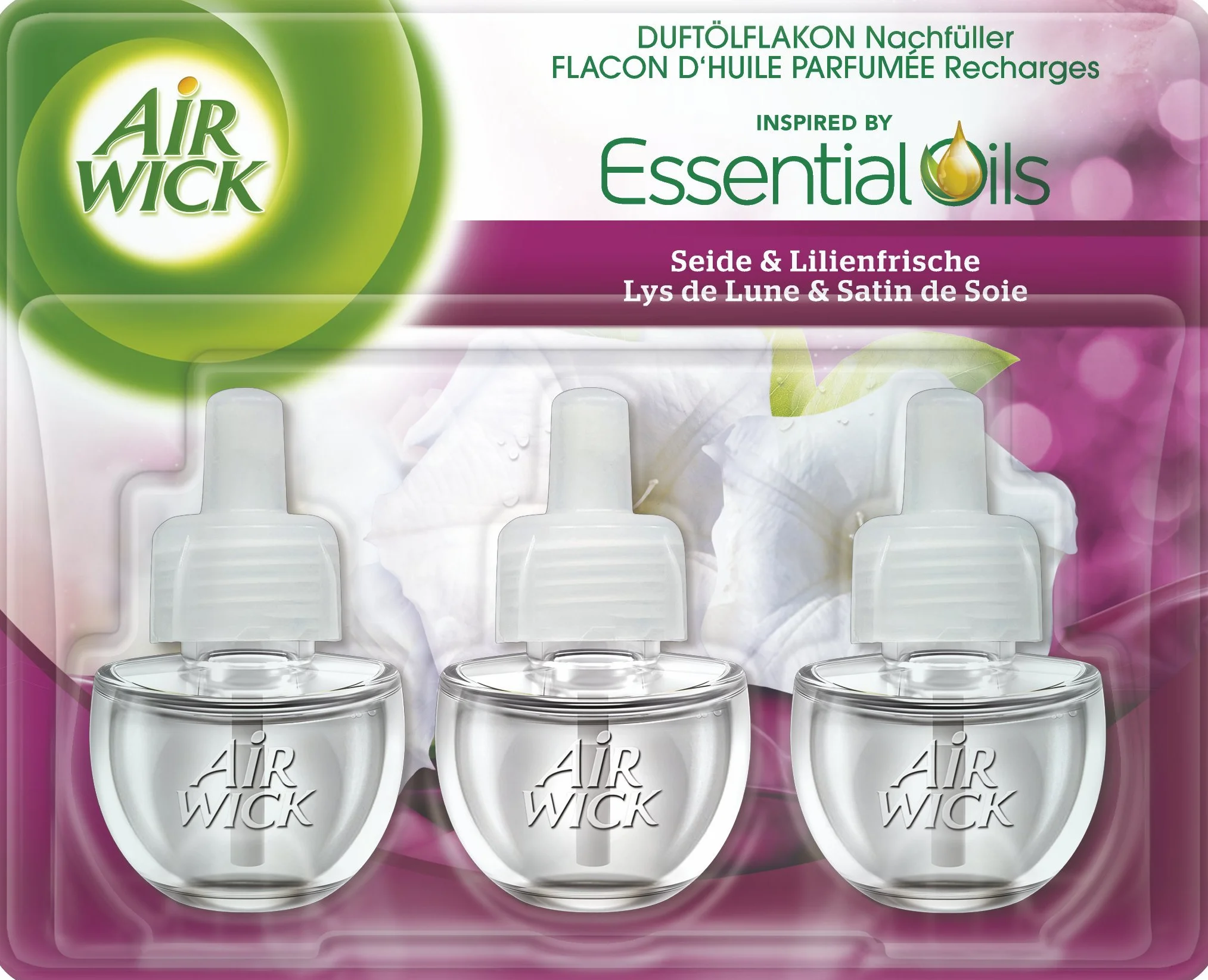 Air Wick lakon olejków zapachowych, wkład do wtyczek zapachowych, jedwab i liliowa świeżość, 3 sztuki w opakowaniu