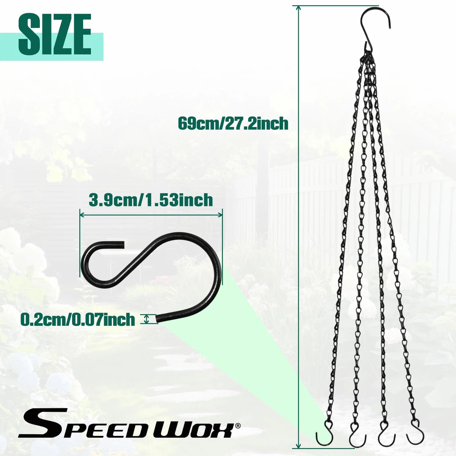 SPEEDWOX 3-pak wiszących koszy łańcuchów 61 cm, 4 przewody, wiszące łańcuchy z haczykami S, wieszak na doniczki na kwiaty, wymienne wieszaki na rośliny, karmniki dla ptaków, latarnie, lampy i ozdoby