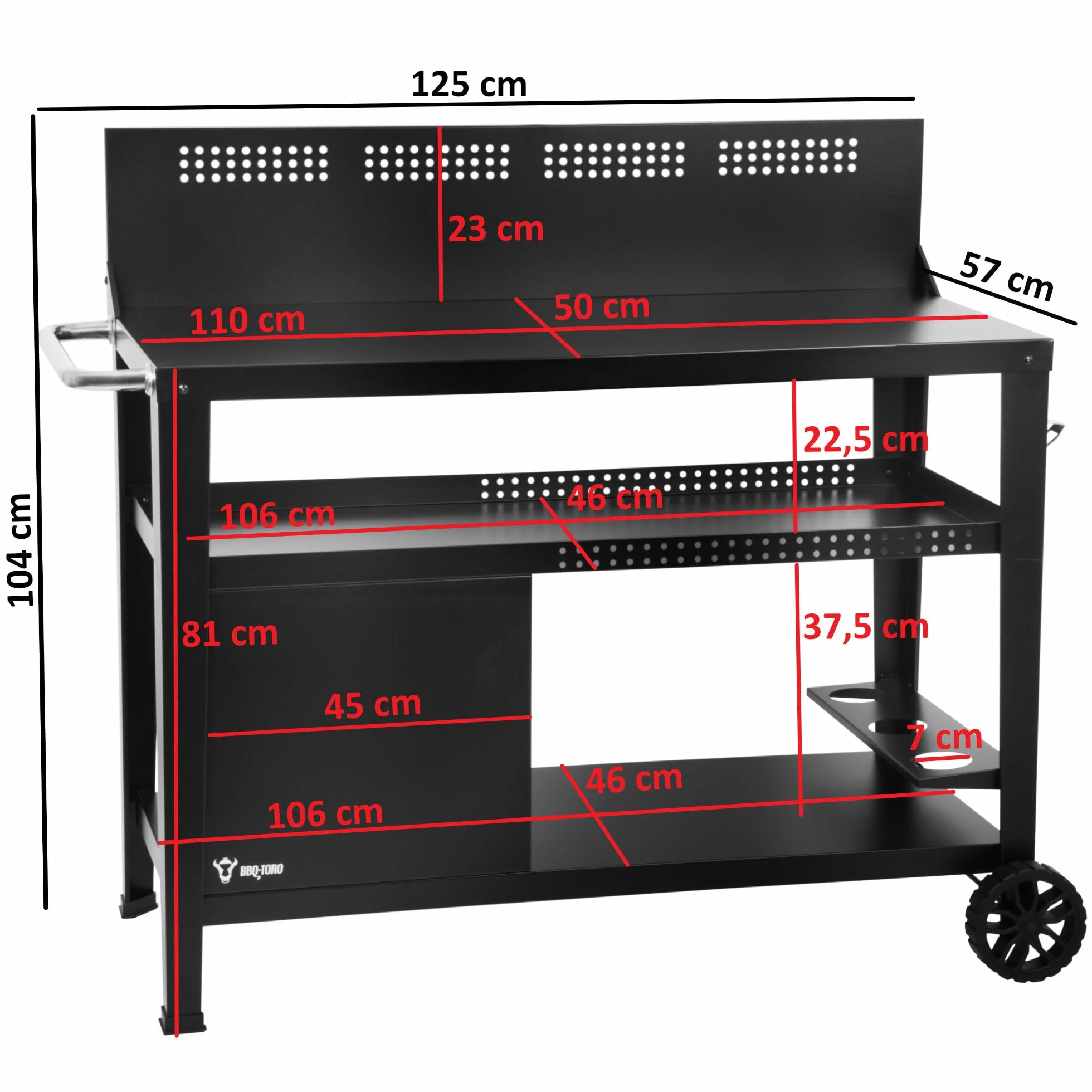 BBQ-Toro Grill na kółkach 125 x 57 x 104 cm, czarny, stół do grillowania z dużą powierzchnią roboczą, stolik pomocniczy z ochroną przed wiatrem, wózek do grillowania na świeżym powietrzu, wózek do