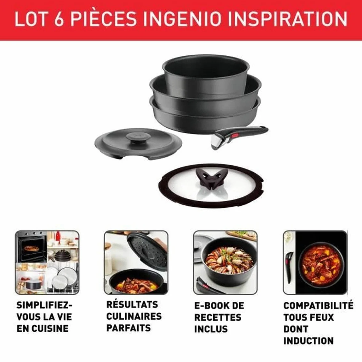 Tefal Ingenio Zestaw 6 sztuk, Patelnia, Wok + pokrywa szklana 26 cm, Cocotte + pokrywa z odlewu aluminiowego 20 cm, wyjmowany uchwyt Ingenio, indukcja, odlew aluminiowy, Inspiracja L867S604