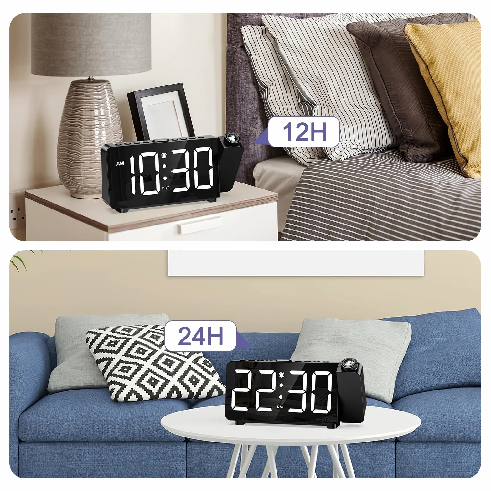 Budzik z projekcją, 7,4" LED, cyfrowy projektor 180°, 3-stopniowa regulacja jasności i ogniskowej, 5 poziomów jasności i 3 głośności, budzik projekcyjny 12/24 h, DST, drzemka