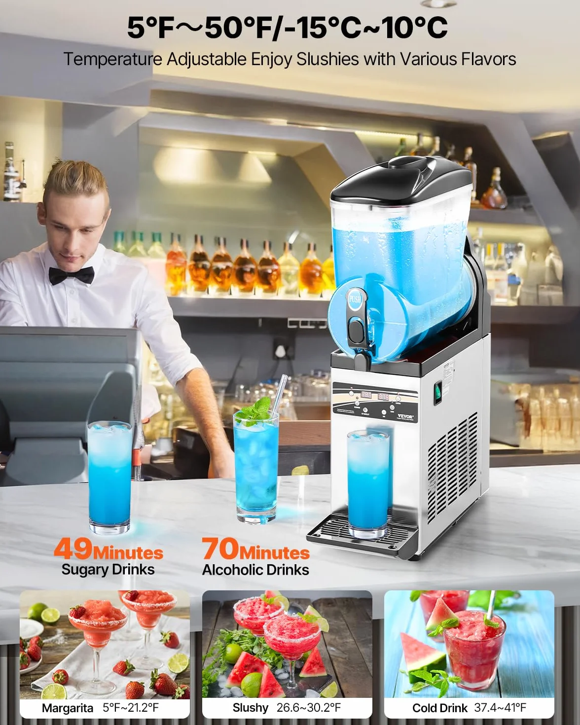VEVOR komercyjna maszyna do napojów lodowych, 15 l, stal nierdzewna, mikser do slush, na imprezy, restauracje, kawiarnie, bary