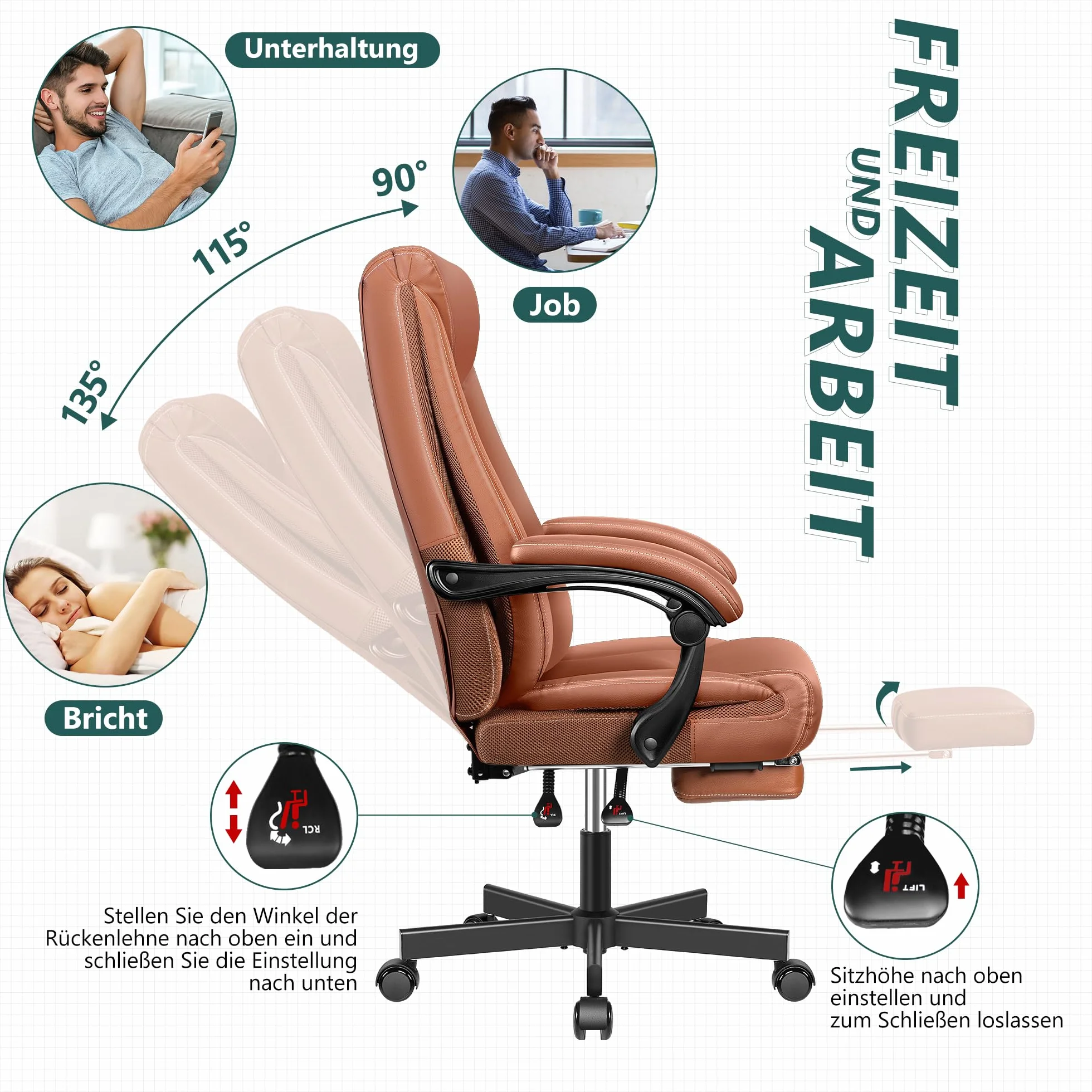 Fotel szefa, szerokie krzesło biurowe, ergonomiczne, wysokie oparcie, 150 kg, z podnóżkiem, ze skóry PU, brązowy