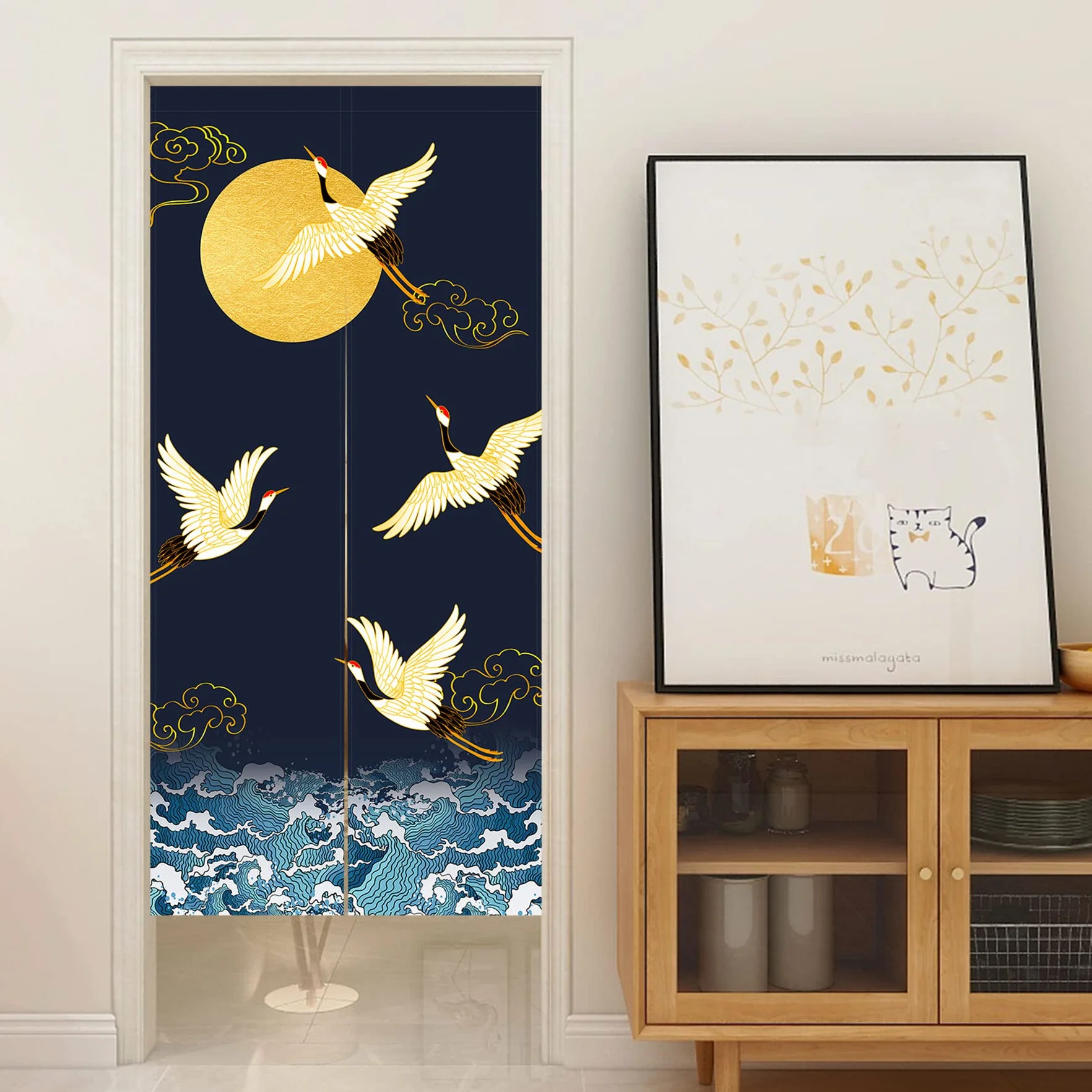 LIGICKY Noren zasłona do drzwi w japońskim stylu żurawie fale złota pełnia księżyca nadruk bawełna len dekoracja drzwi gobelin do dekoracji wnętrz 85 x 180 cm, granatowa