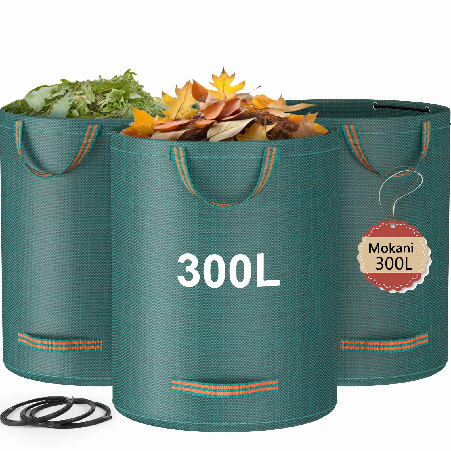Mokani Worki na odpady ogrodowe, wytrzymałe, z uchwytami, 300 l x 3, wielokrotnego użytku, składane, kempingowe, do recyklingu, na liście, śmieci, gruz