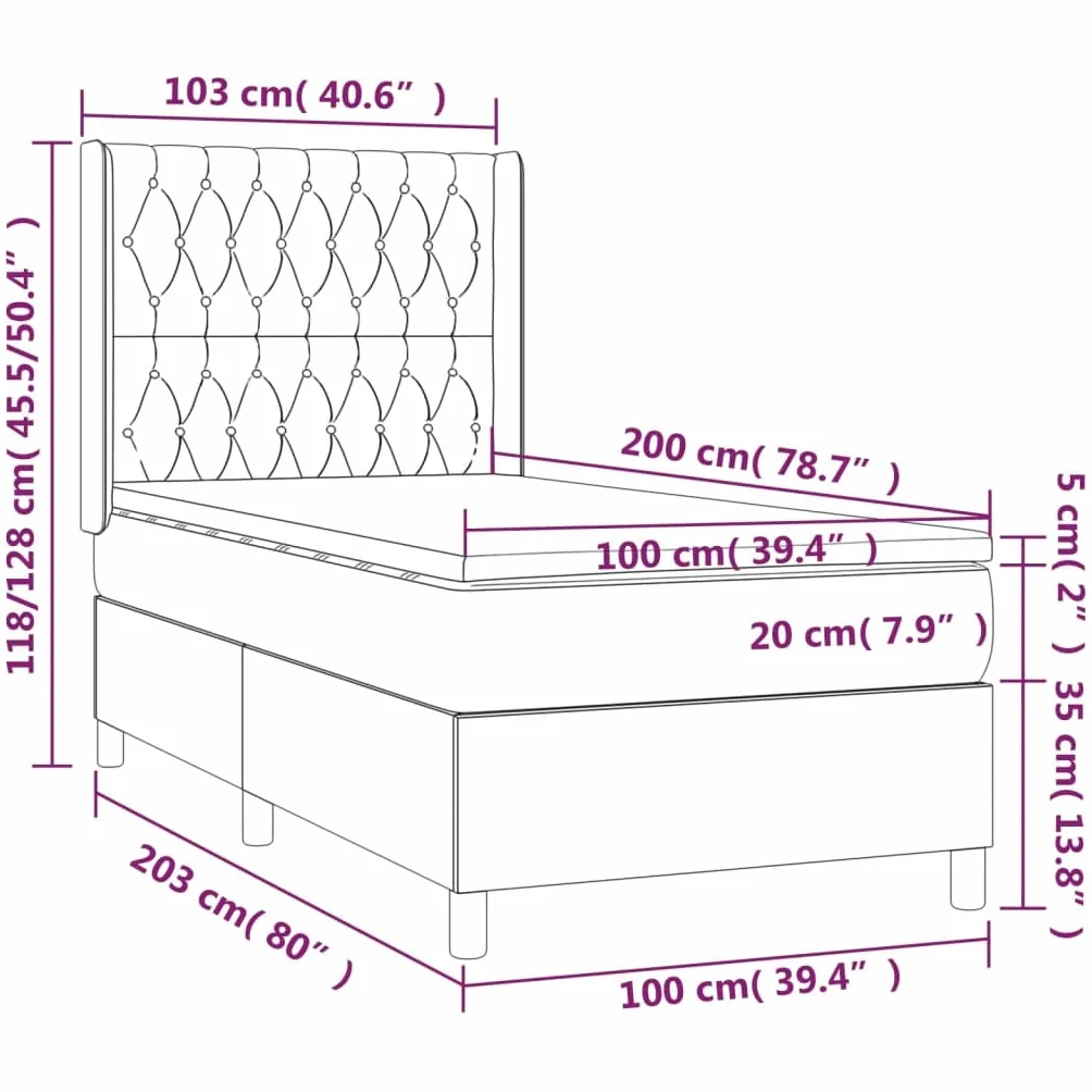 Tkanina z regulowanym zagłówkiem Łóżko kontynentalne Szary 100x200 cm | Łóżko kontynentalne z materacem i zagłówkiem, ciemnoszara tkanina 100x200 cm, sprężyny kieszeniowe