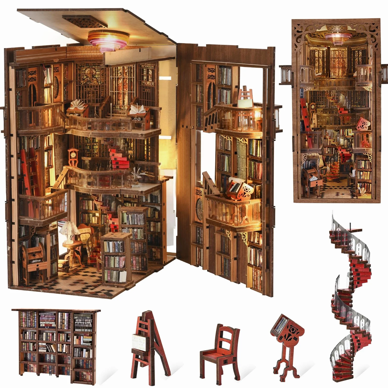 Zestaw MiniCity Book Nook, zestaw DIY do miniaturowego domku dla lalek Booknook, 3D puzzle z drewna, wkładka do książek, regał, dekoracja dla młodzieży i dorosłych (Biblioteka Abbey)