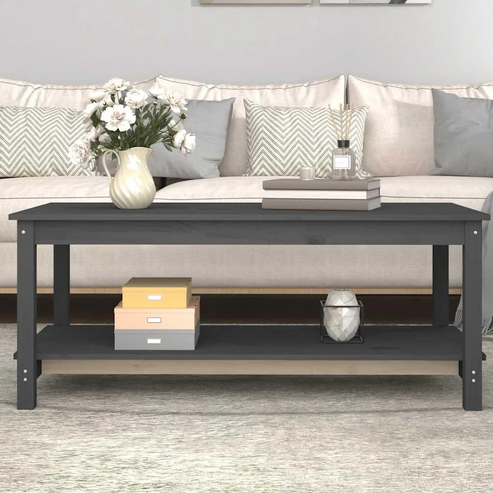 Générique Stolik kawowy z litego drewna sosna szary 110x55x45 cm | Dwupoziomowa konstrukcja, otwarta półka, stabilna rama, uniwersalne zastosowanie w salonie