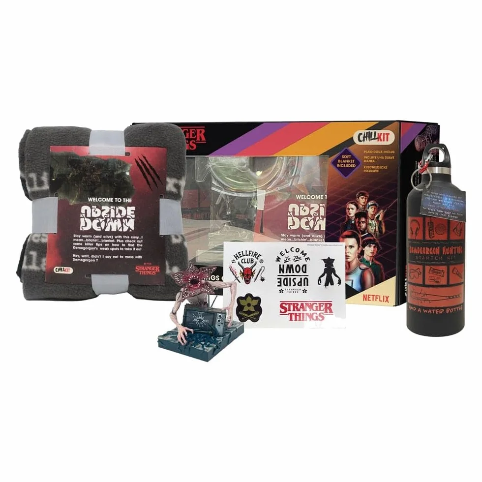 Neamedia Icons Netflix Chill Kit - Stranger Things, oficjalna licencja, wygodny koc, figurka kolekcjonerska, butelka ze stali nierdzewnej, tablica z naklejkami, pomysł na prezent świąteczny dla fanów