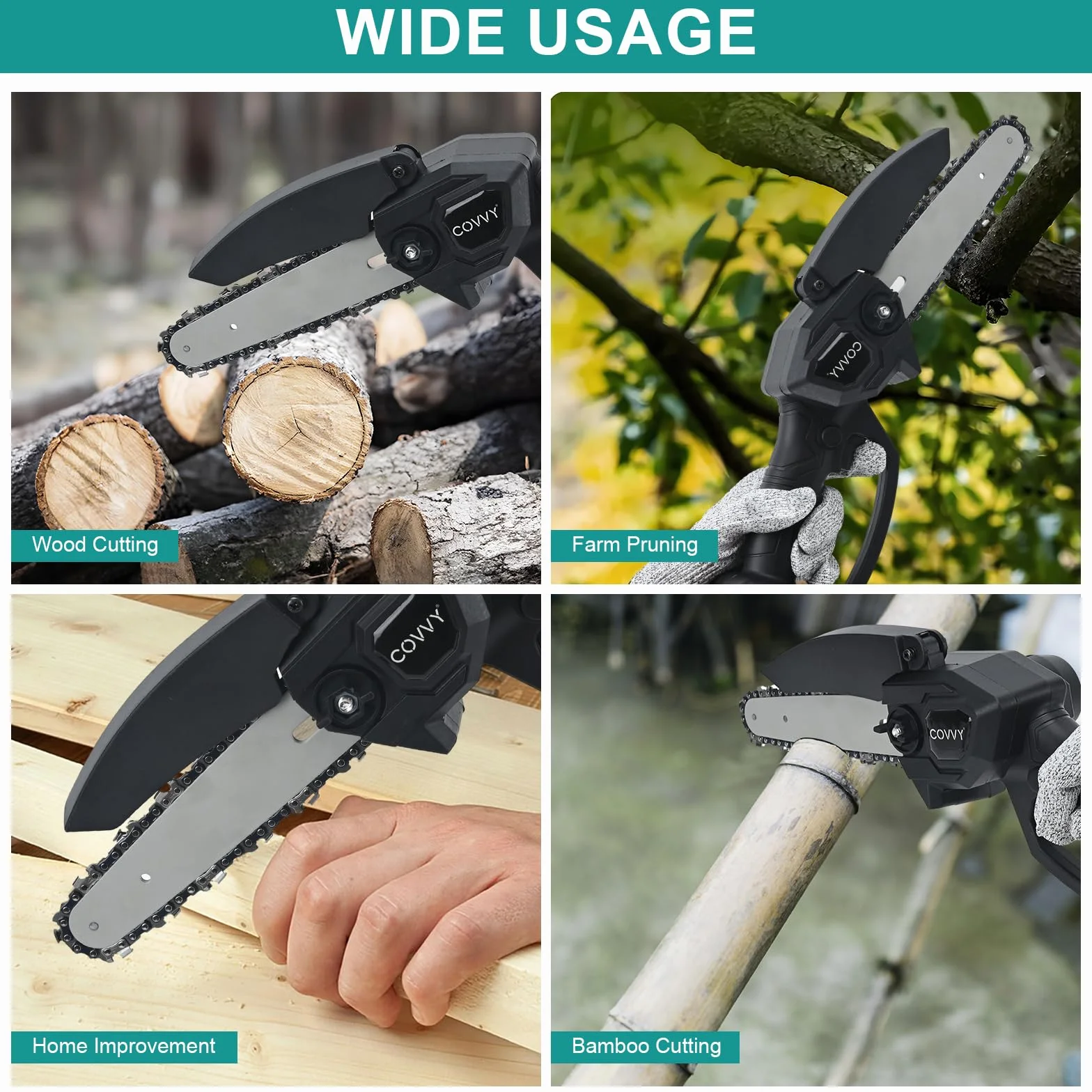 Bezprzewodowa mini piła łańcuchowa 15 cm i 20 cm, ręczna piła łańcuchowa z 2 bateriami, 4 łańcuchami, 1 goglami, 1 śrubokrętem, para rękawic zapobiegających przecięciu, małe narzędzia do piły
