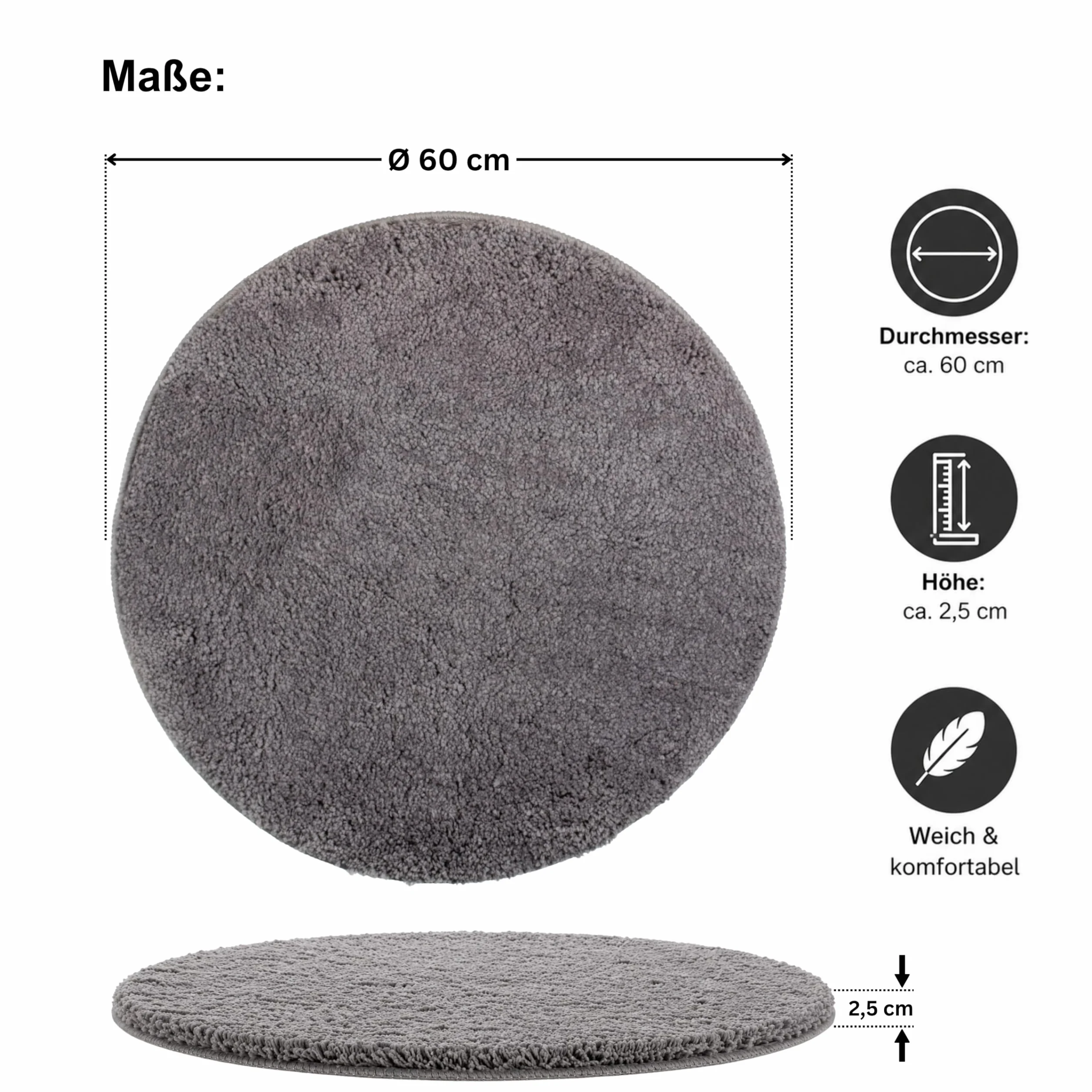 Brandsseller Mata łazienkowa okrągła szara Ø 60 cm