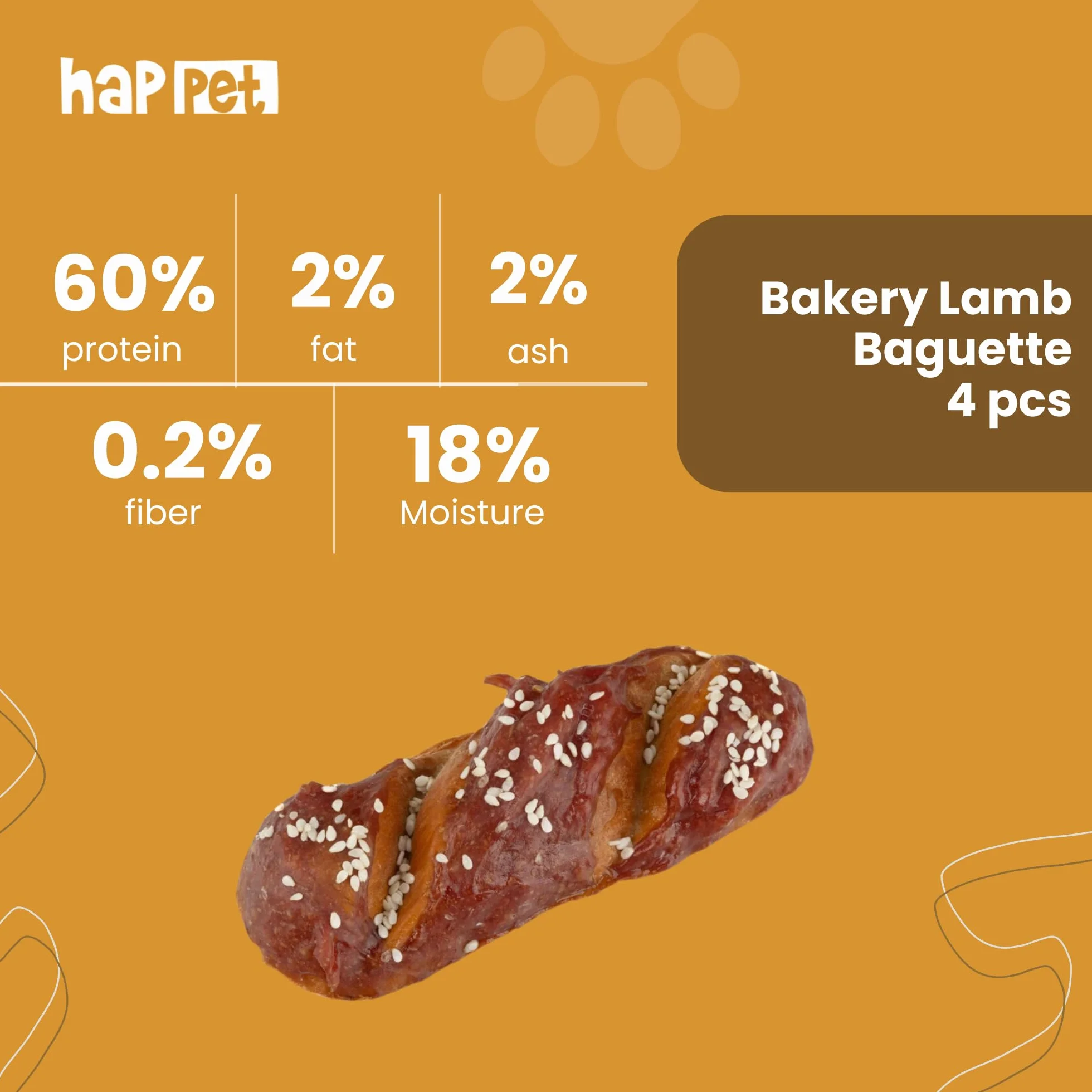 HAPPET® Bagietka z jagnięciną dla psa – 4 sztuki – naturalne przysmaki z mięsem jagnięcym i surową skórą – lekkostrawne piekarnicze przekąski