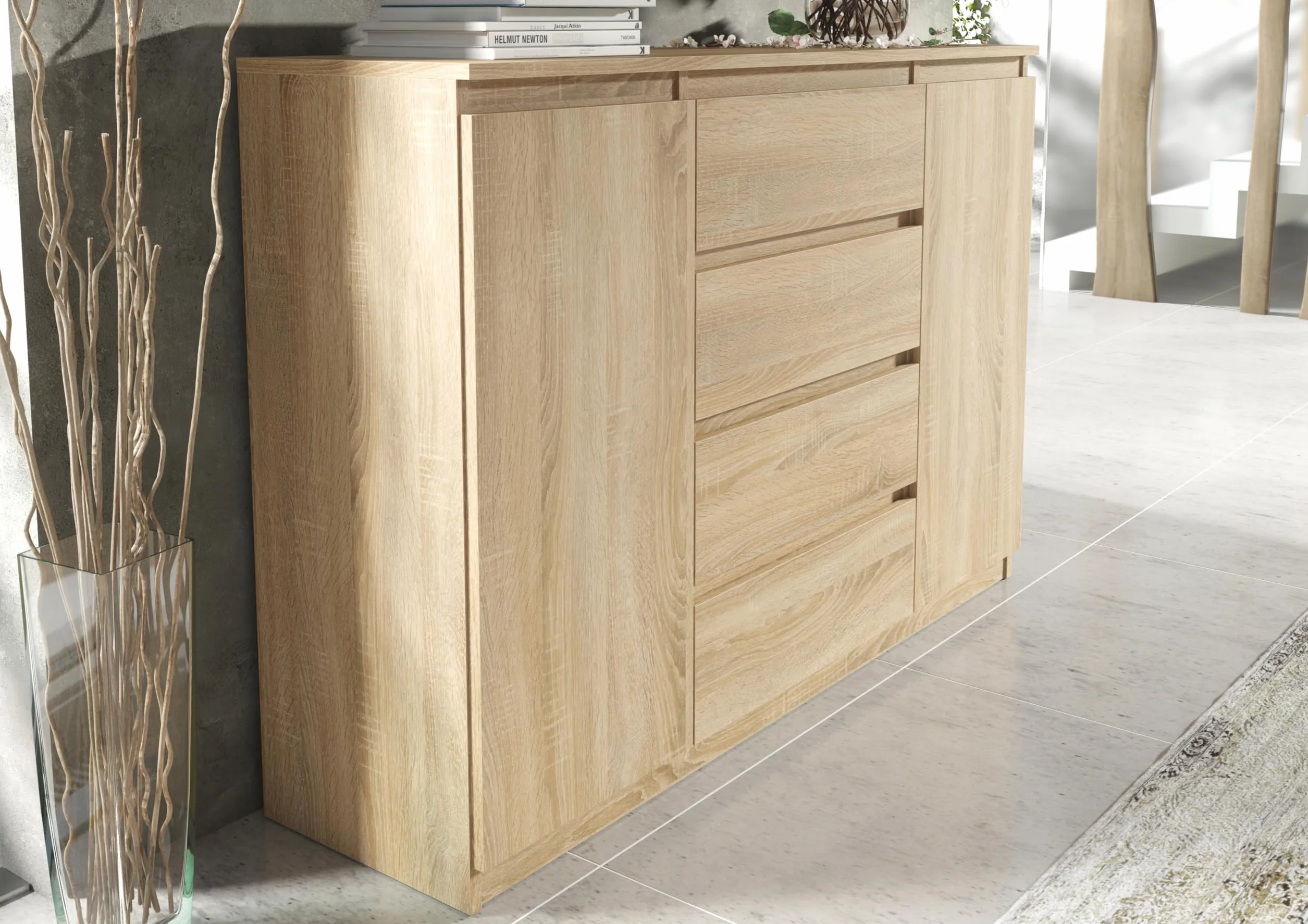 meble masztalerz Komoda Sonoma Matowa z 4 szufladami i 2 drzwiami - 138,6x101,5x39 cm - Komoda do salonu, sypialni - Szafka z szufladami - Komoda z szufladami