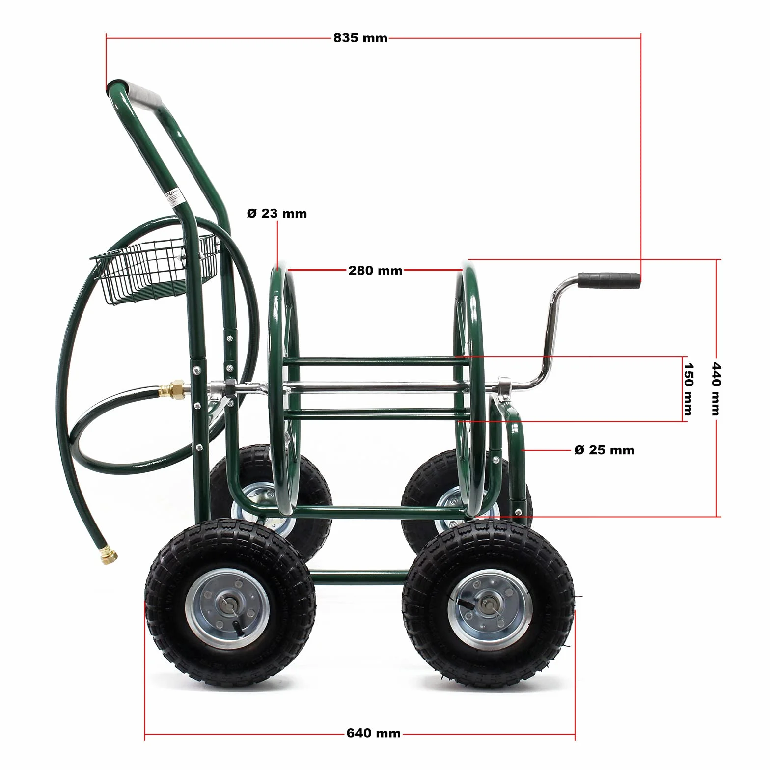 Wózek z bębnem na wąż Wiltec bez węża, bęben na wąż ogrodowy 5/8" (16 mm) do 76 m, z oponą Ø 25 cm Wózek z bębnem na wąż ogrodowy, bęben na wąż ogrodowy