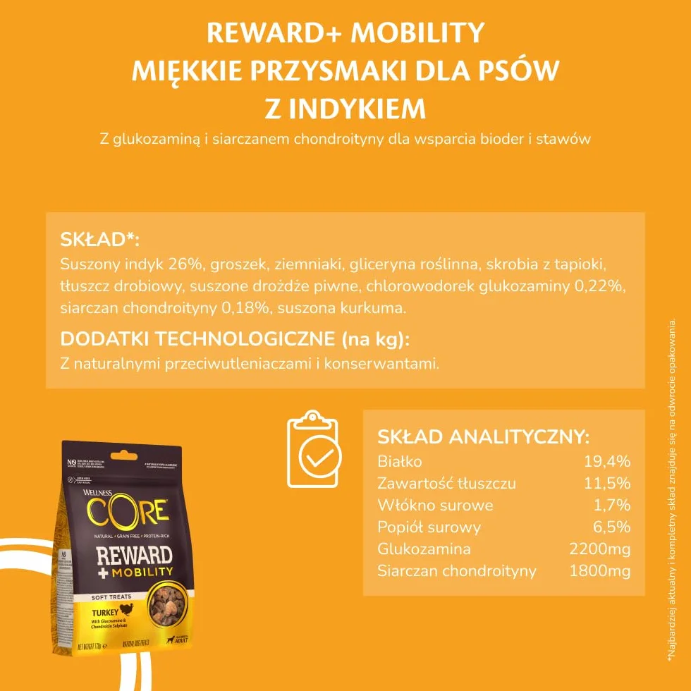 Wellness CORE Reward+ Mobilność 170g, Indyk – Miękkie Przysmaki dla Psów Wszystkich Ras, Bezzbożowe, Naturalne, Hipoalergiczne, o Wysokiej Zawartości Mięsa, Wspiera Zdrowie Bioder i Stawów
