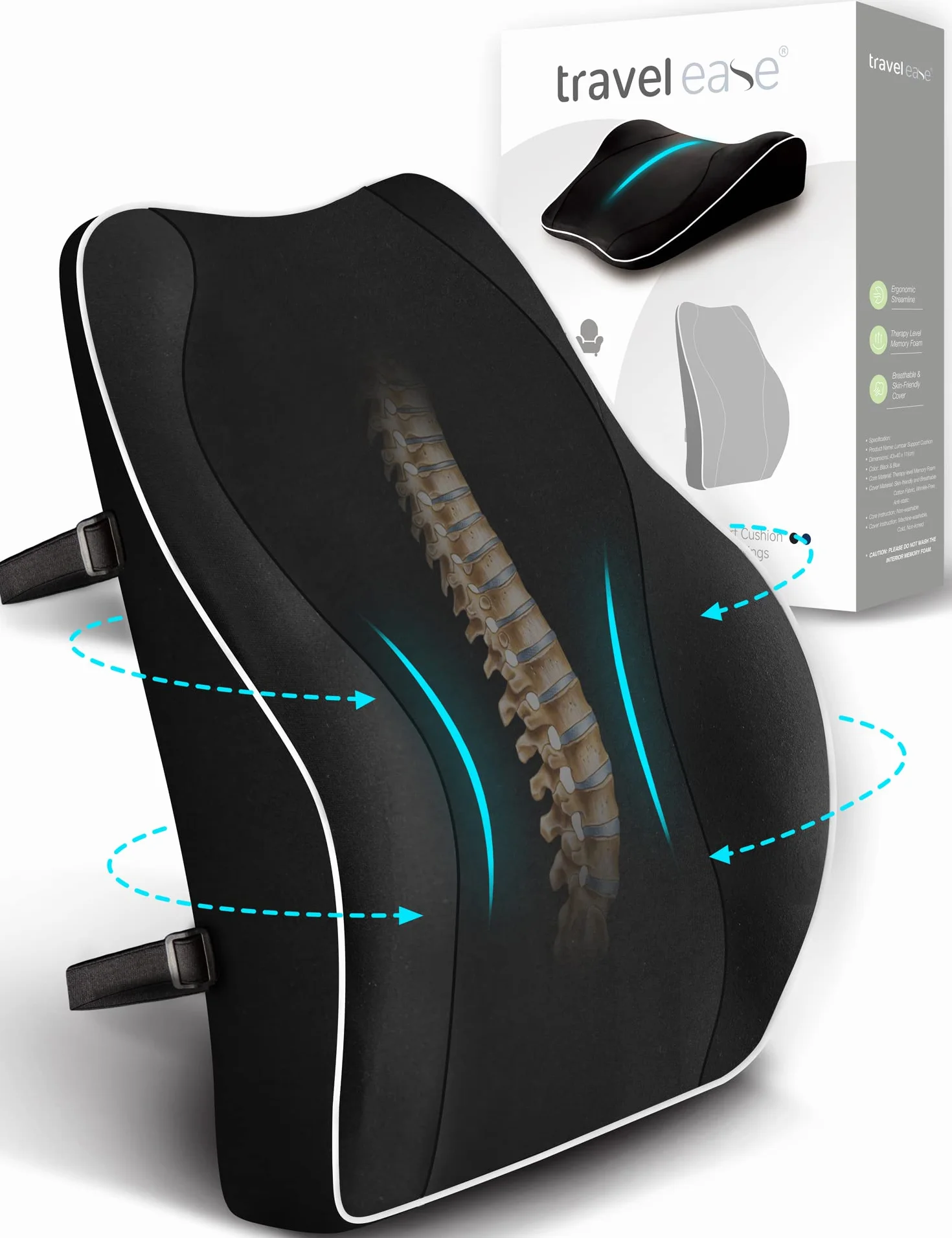TRAVEL EASE Ergonomiczna Poduszka Lędźwiowa, Podparcie Pleców z Pianki Zapamiętującej Kształt do Fotela Samochodowego Krzesło Biurowe, Oparcie z Antystatyczną Osłoną i Regulowanymi Paskami, Czarny