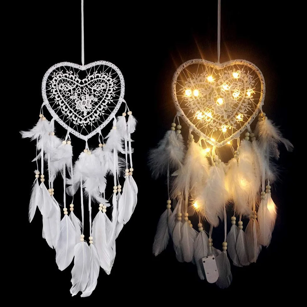 łapacz snów w stylu boho, w kształcie serca, ręcznie wykonany, lampa LED, ozdoba na ścianę, romantyczna dekoracja (kolor biały, z lampkami)