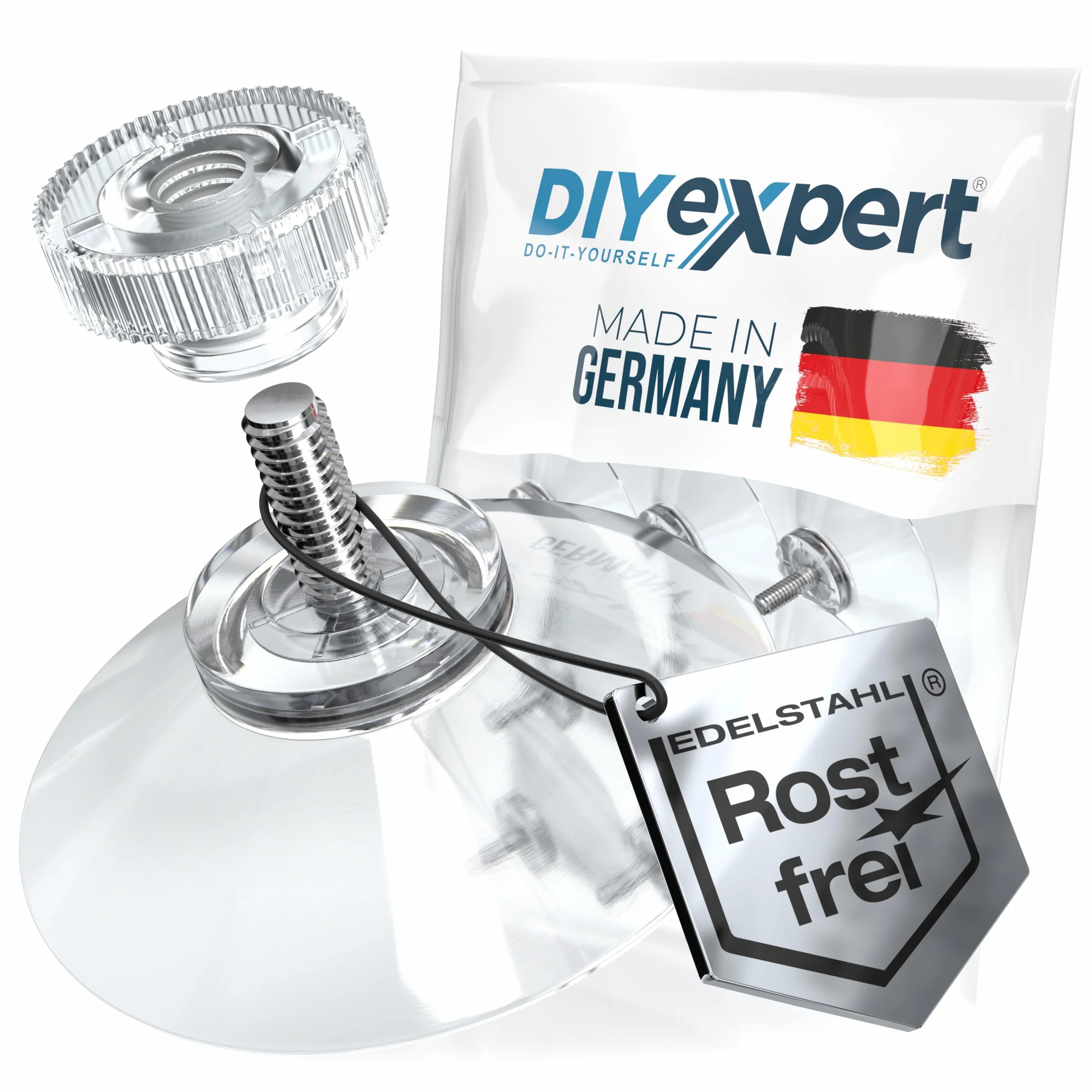 DIYexpert® 4 x przyssawka Ø 40 mm, z gwintem M4 x 10 mm, w zestawie nakrętki radełkowane przezroczyste - wyprodukowano w Niemczech
