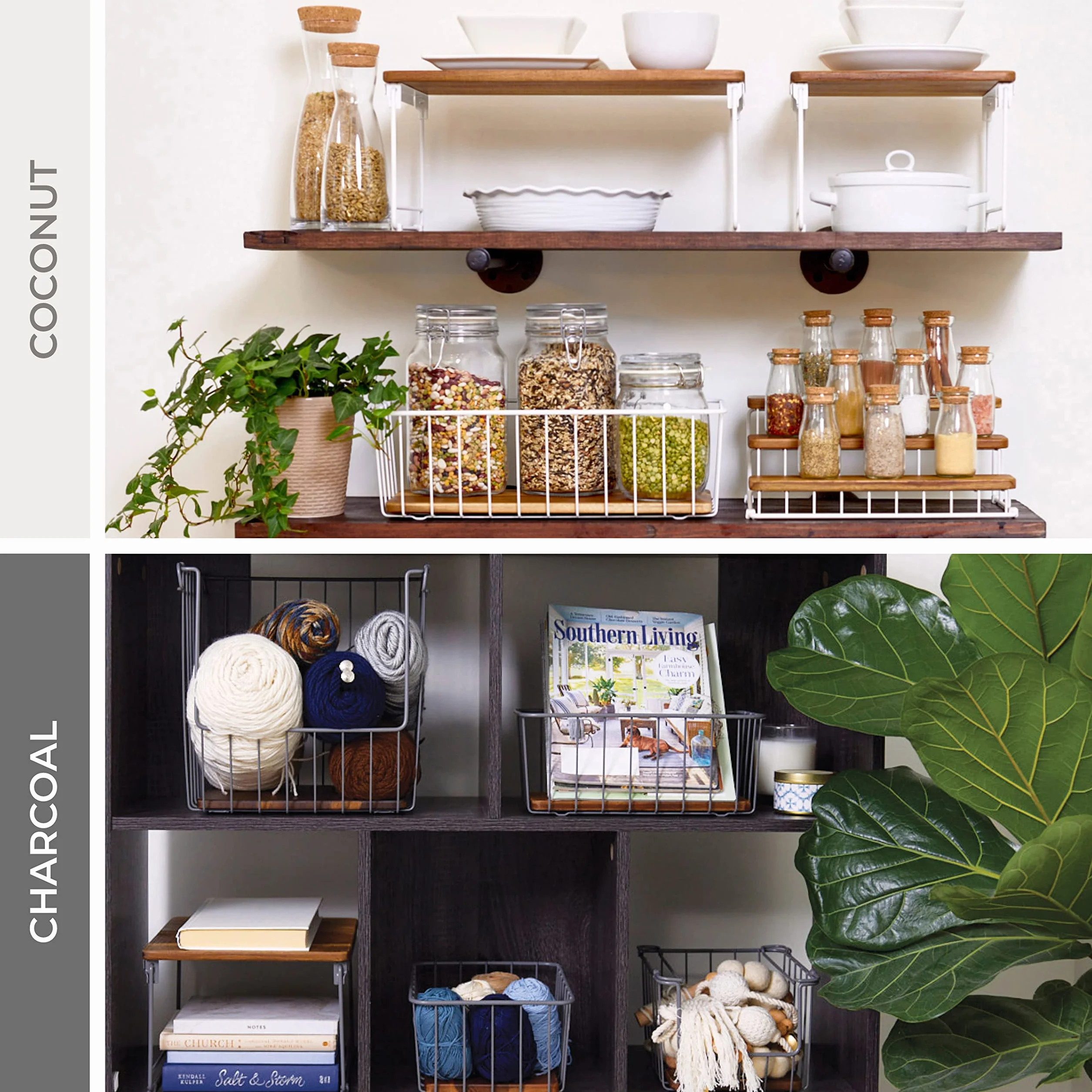 iDesign 95389EU kosz druciany Ría Safford Collection z otwartym przodem, z metalu i drewna akacjowego, przechowywanie i organizacja w kuchni, biały i naturalny, stal 18/10