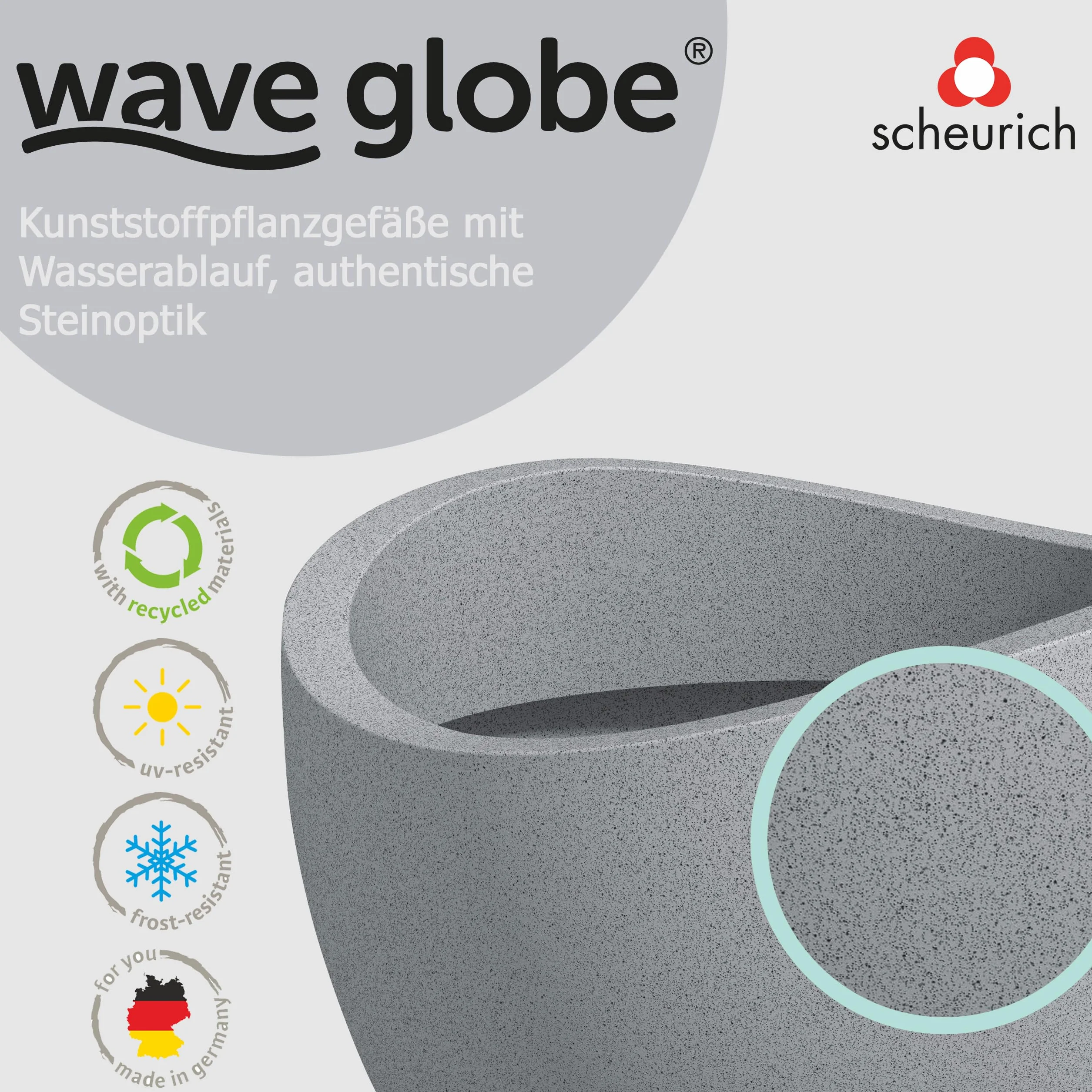 Scheurich Wave Globe 40, donica na rośliny/doniczka/donica na rośliny, okrągła, kolor: szary Stony Grey, wyprodukowana z tworzywa sztucznego pochodzącego z recyklingu, do użytku na zewnątrz
