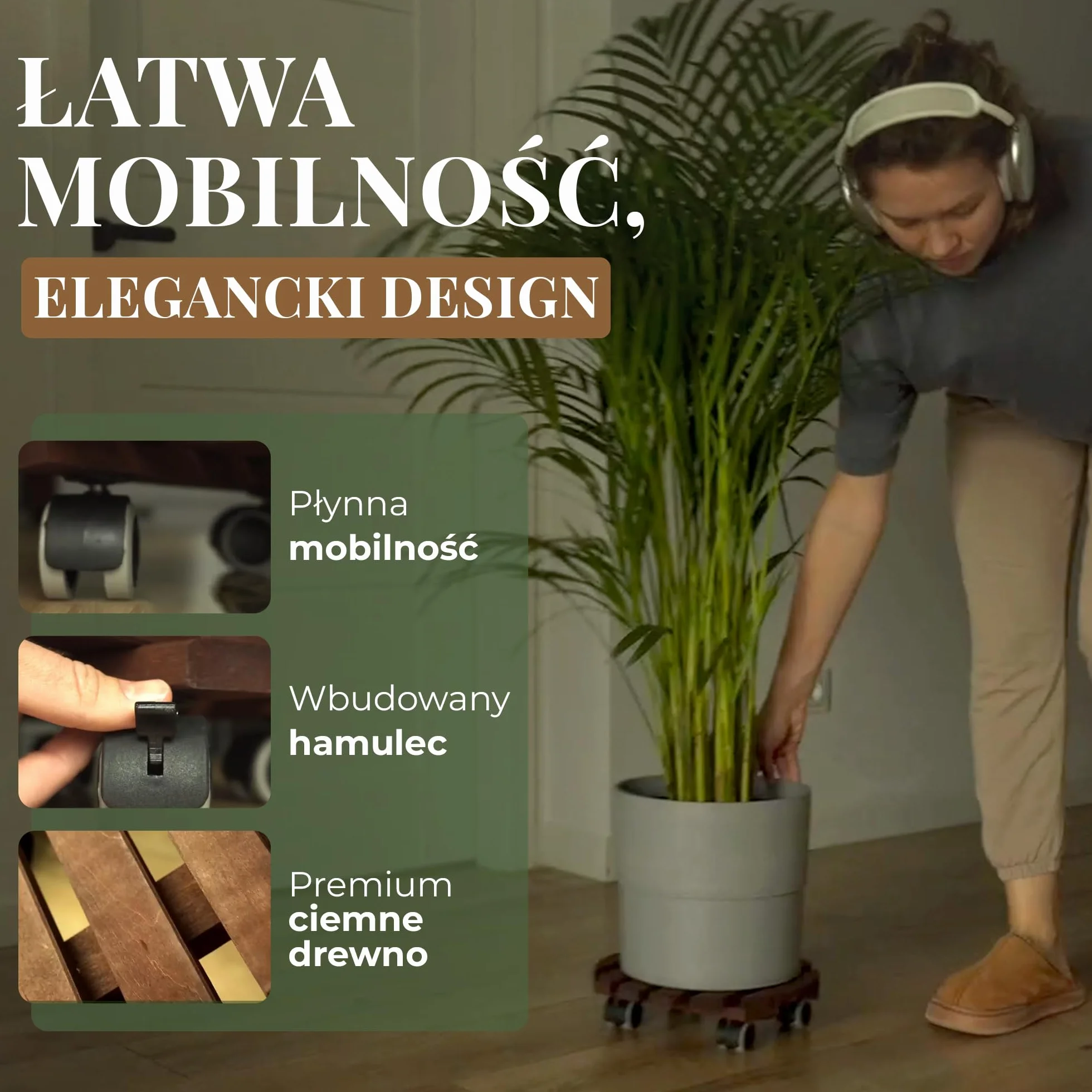 Podstawka pod Doniczkę na Kółkach | Zestaw 2, Ø 30 cm, Listwy z Drewna Olchowego FSC o Grubości 15,5 mm, do 100 kg, Ciche Kółka 360° z Hamulcem, do Wnętrz i na Zewnątrz, Powłoka Odporna na UV i Wilgoć