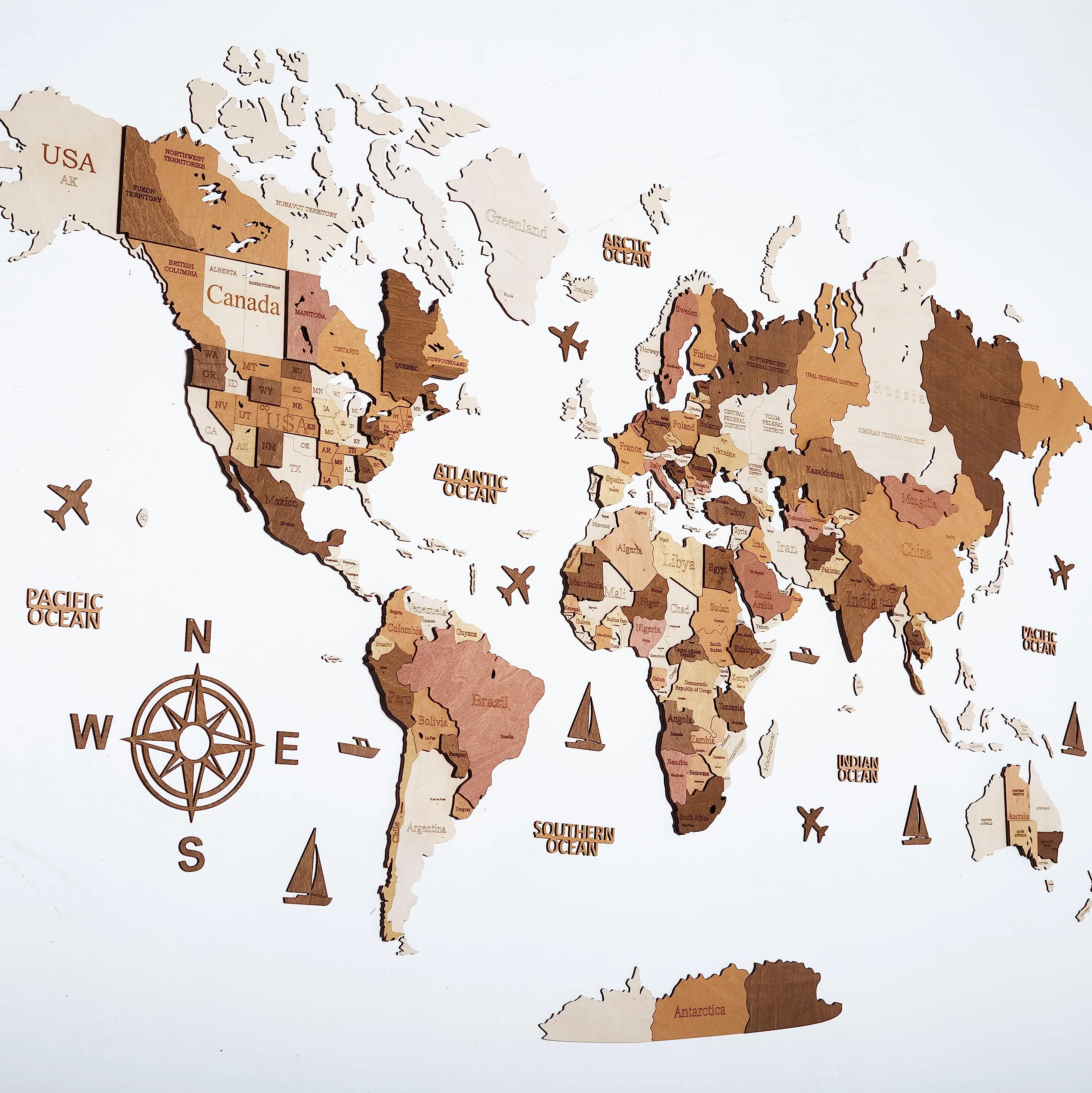 WOW WOOD Drewniana mapa świata 3D na ścianę — wersja angielska | montaż bez wiercenia (taśma akrylowa, szablony) (Art Deco, Kolor drewna w języku angielskim, 120 x 65 cm)
