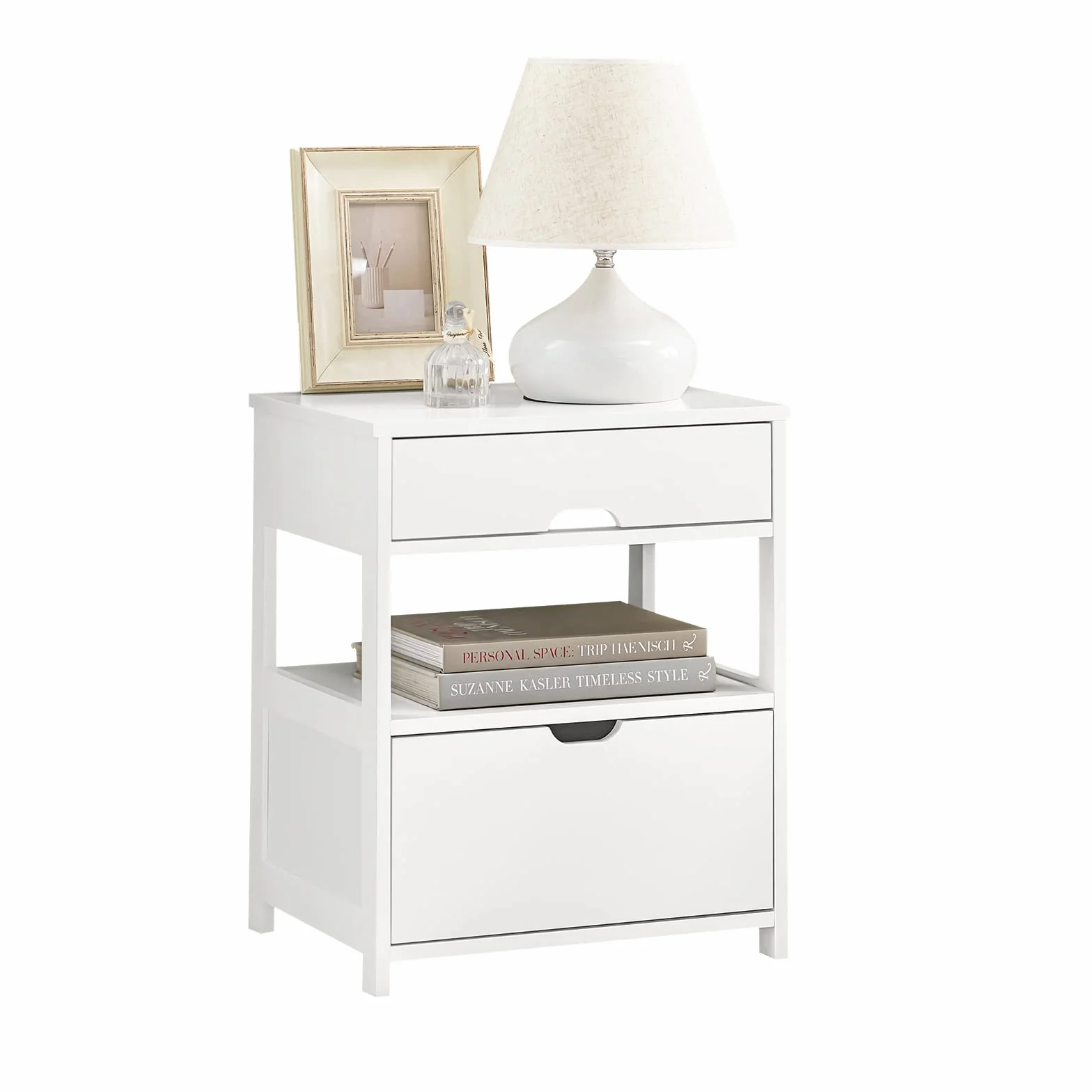 SoBuy Stolik Nocny z 2 Szufladami i Półką, Stoliczek do Sypialni - Nowoczesny Mebel do Przechowywania S45 x G38 x W55 cm Biały FRG258-II-W