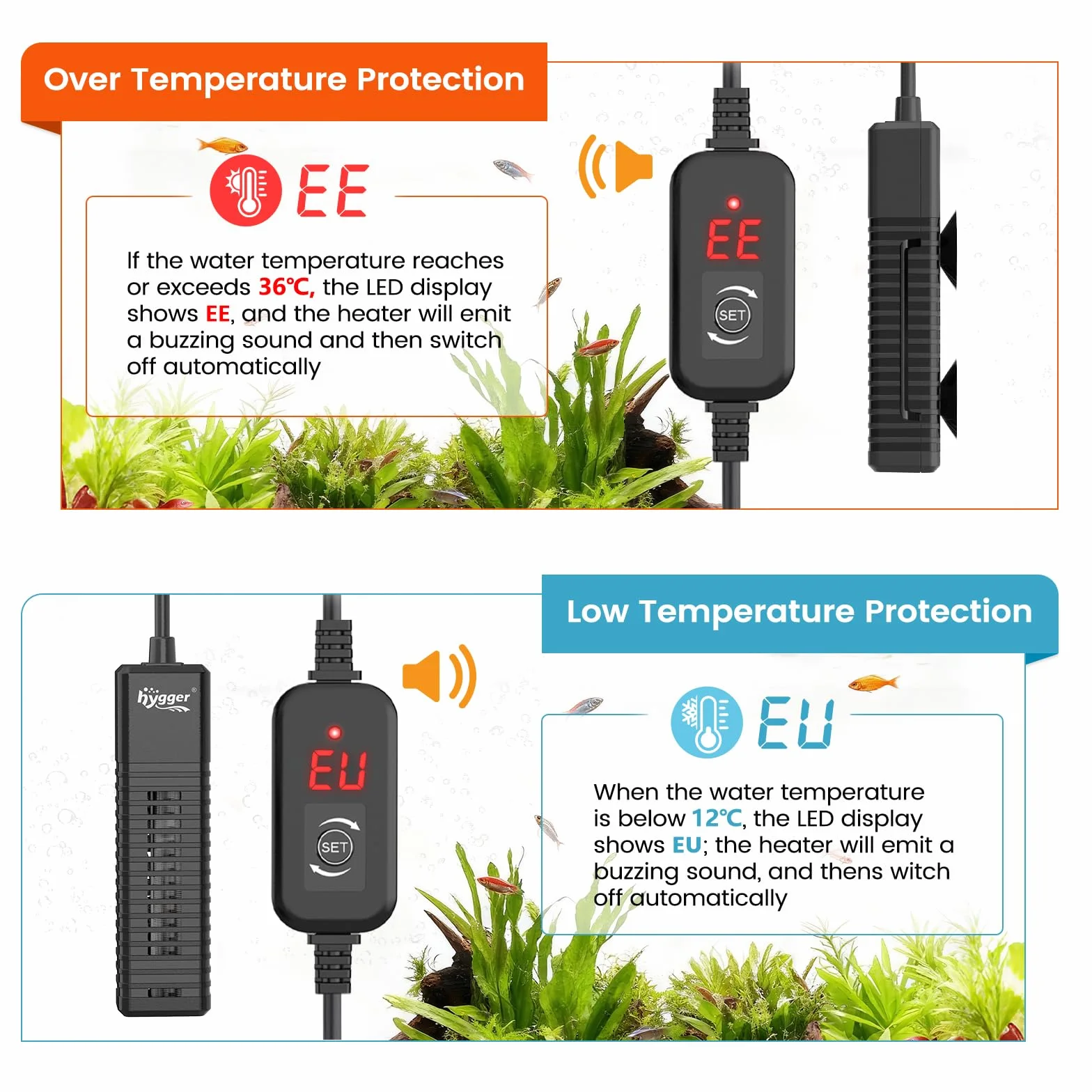 hygger Podgrzewacz do akwarium 100W cyfrowy z regulatorem temperatury do zbiorników 57-75L