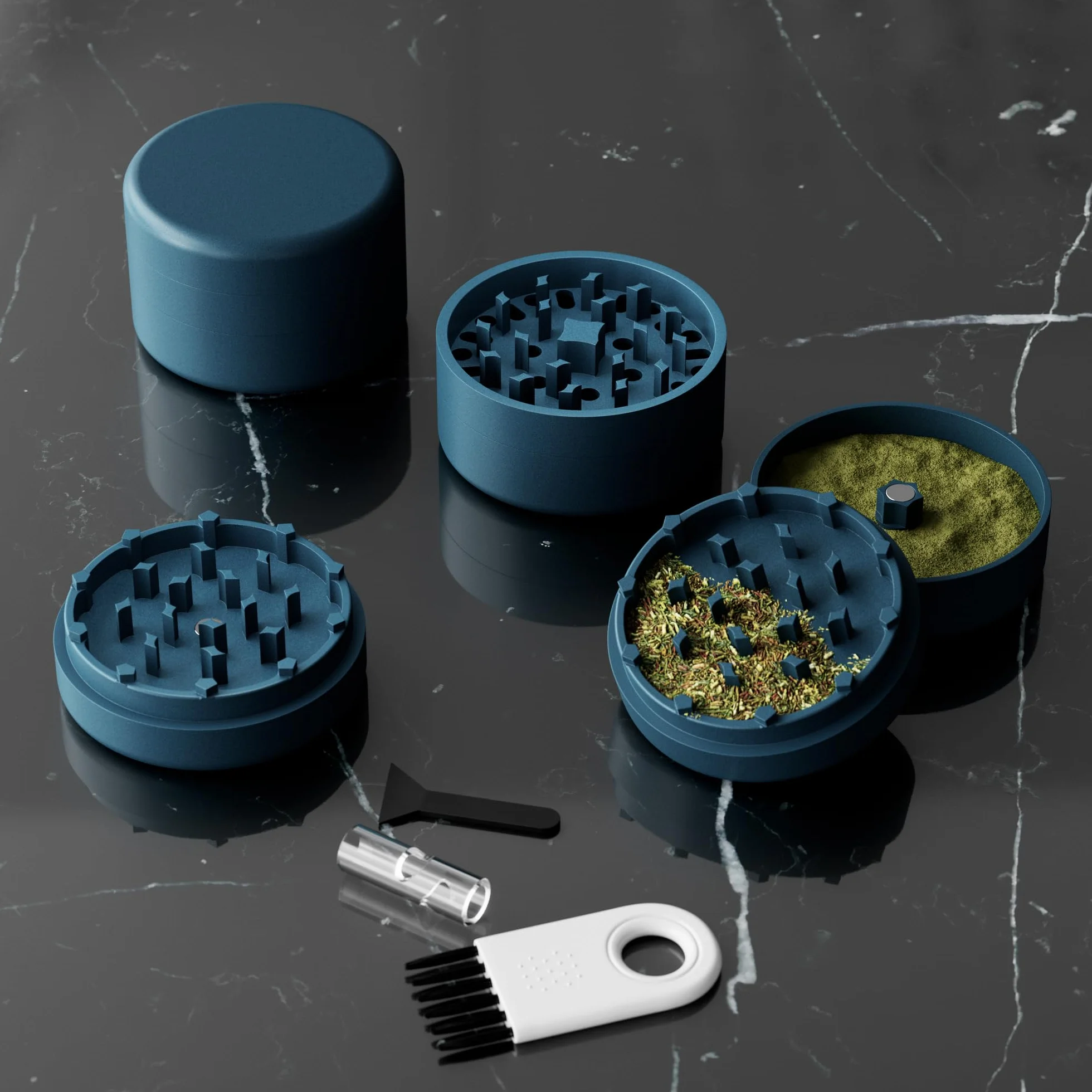 Ceramiczny młynek do ziół bez przyczepności, 3-częściowy, powlekany nano-ceramiką, młynek do ziół z ostrym mechanizmem mielącym | Ø 62 mm | w zestawie skrobak do pyłków, pędzel i ustnik (zielony)