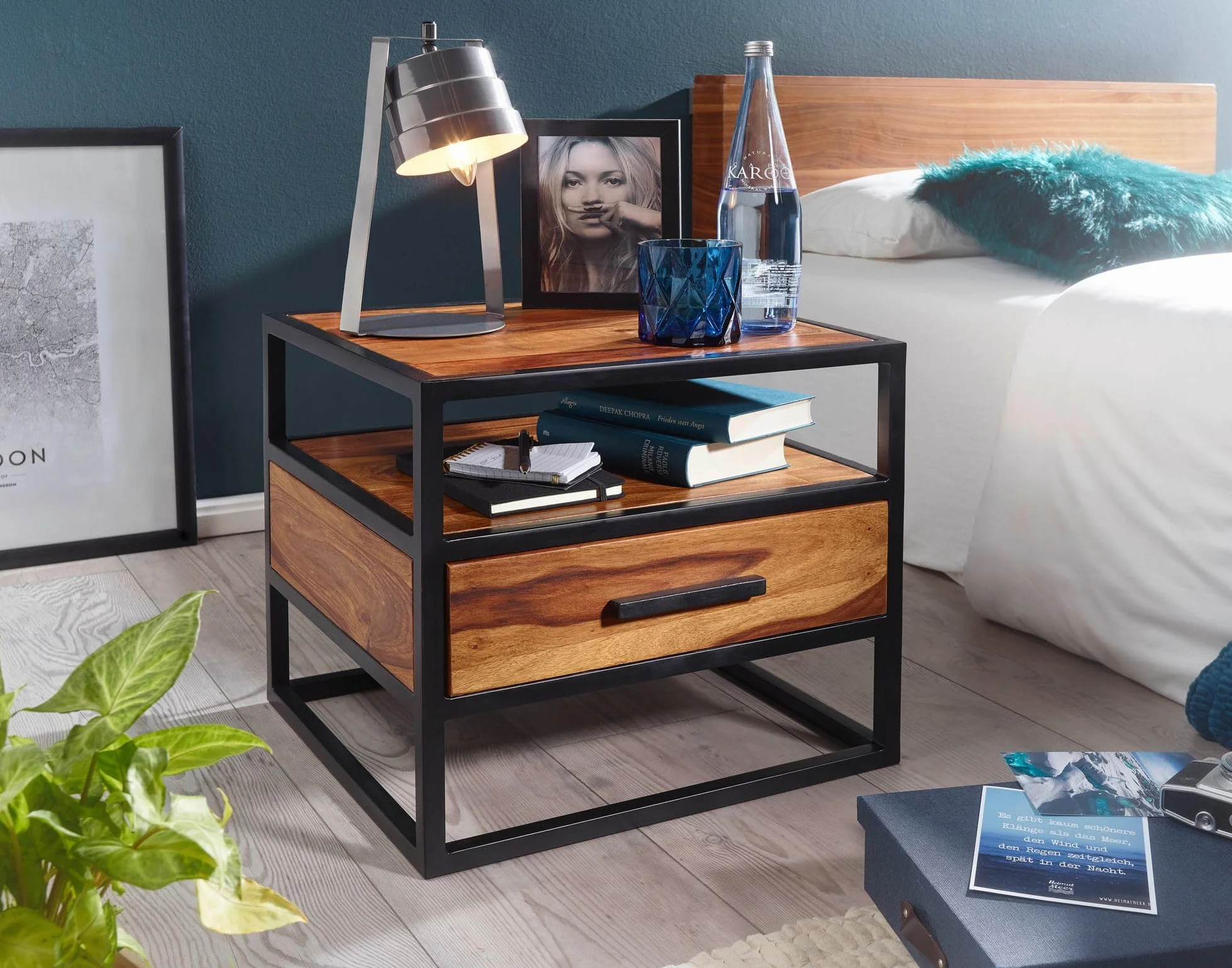FineBuy Szafka Nocna 50x45x45 cm Lite Drewno Sheesham z Szufladą, Stal | konsola nocna industrialna ze stalowym stelażem i półką do łóżka kontynentalnego, szafka nocna ręcznie wykonana