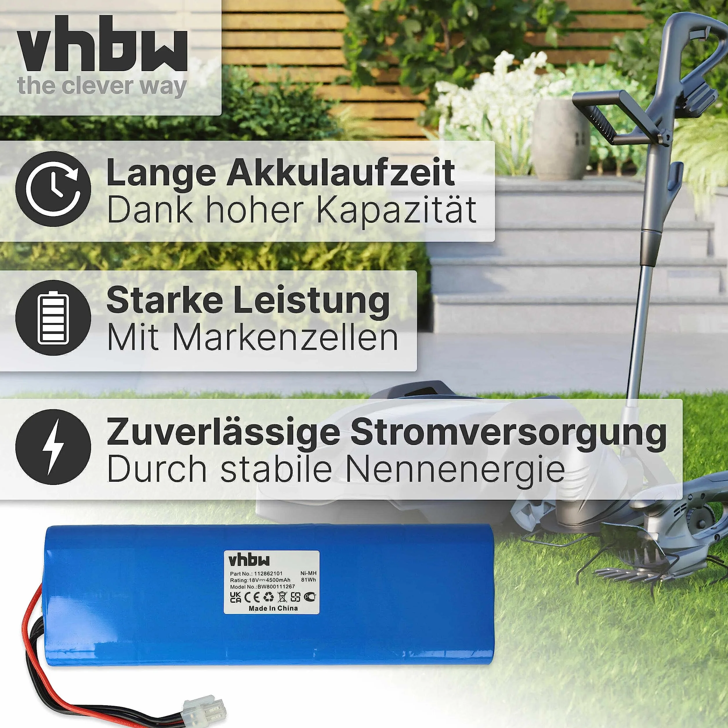 vhbw Akumulator kompatybilny z kosiarką Husqvarna Automower 210AC, 210C, 220AC, 230ACX, 260ACX, G2 (2004-2006), SH, Solar Hybrid - (NiMH, 4500 mAh, 18 V)