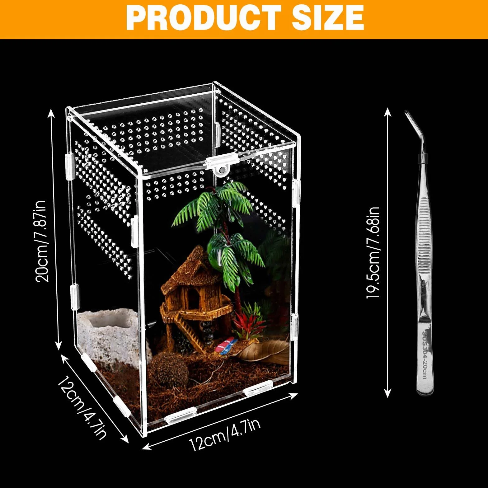 Terrarium akrylowe 20 x 12 x 12 cm, pudełko do karmienia owadów z zaciskami łokciowymi, przenośne pudełko do hodowli zwierząt domowych, konstrukcja zapobiegająca ucieczce
