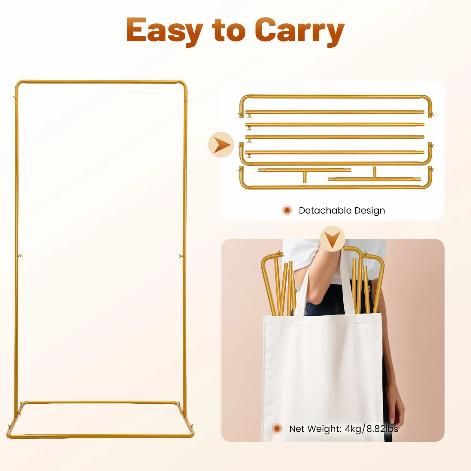 Metalowy prostokątny stelaż weselny, złoty, regulowany łuk weselny z żelaza, stabilny stelaż dekoracyjny, nośność do 8 kg, 105 × 67,5 × 200 cm, na wesele, do ogrodu, na imprezę, do dekoracji
