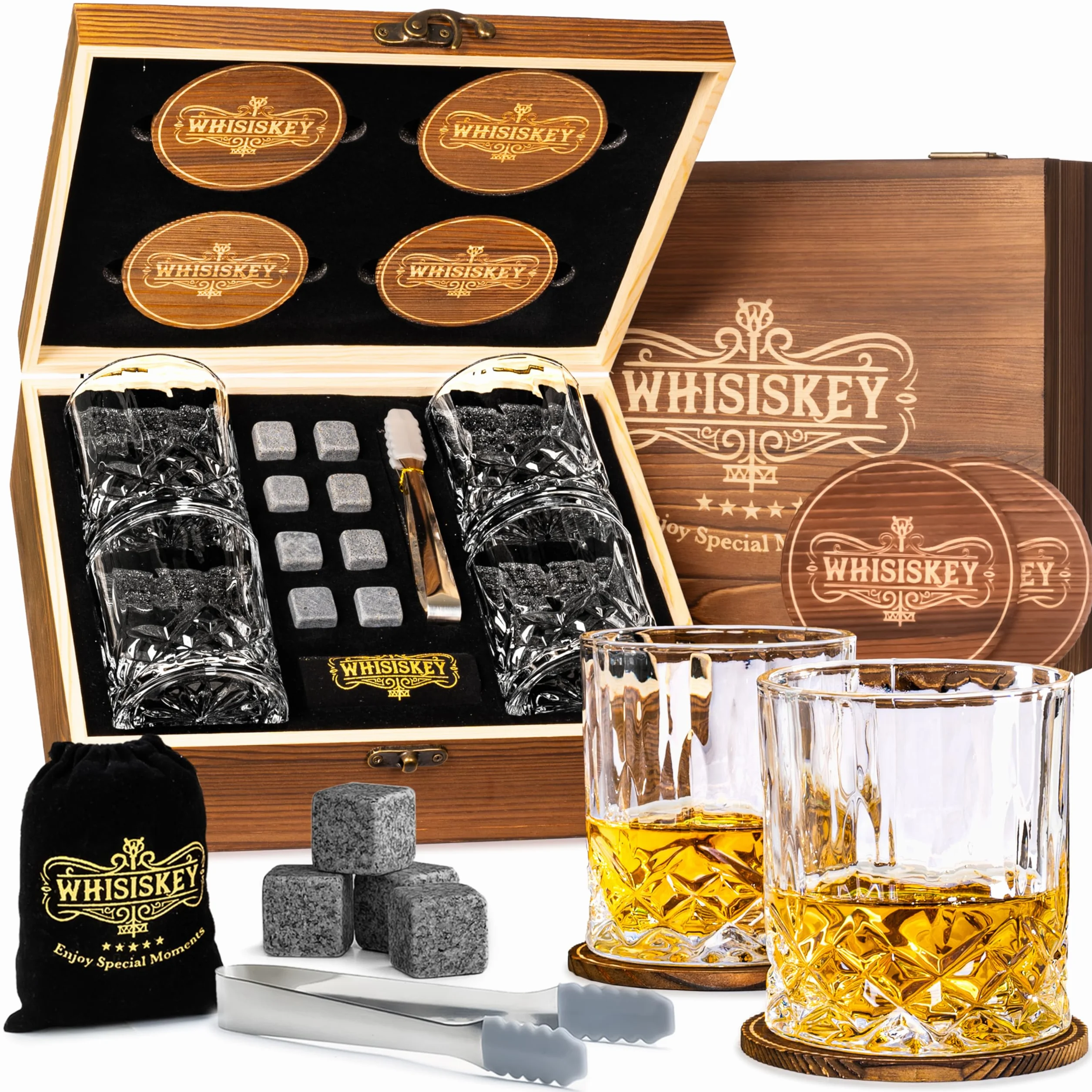 WHISISKEY Zestaw Szklanki do Whisky - Zestaw Prezentowy Whisky - Szklanek do Whiskey - Prezenty dla Mężczyzn - Pudełko Prezentowe, 4 Szklanki na Whisky 310ML, 8 Kamienie do Whisky, Akcesoria