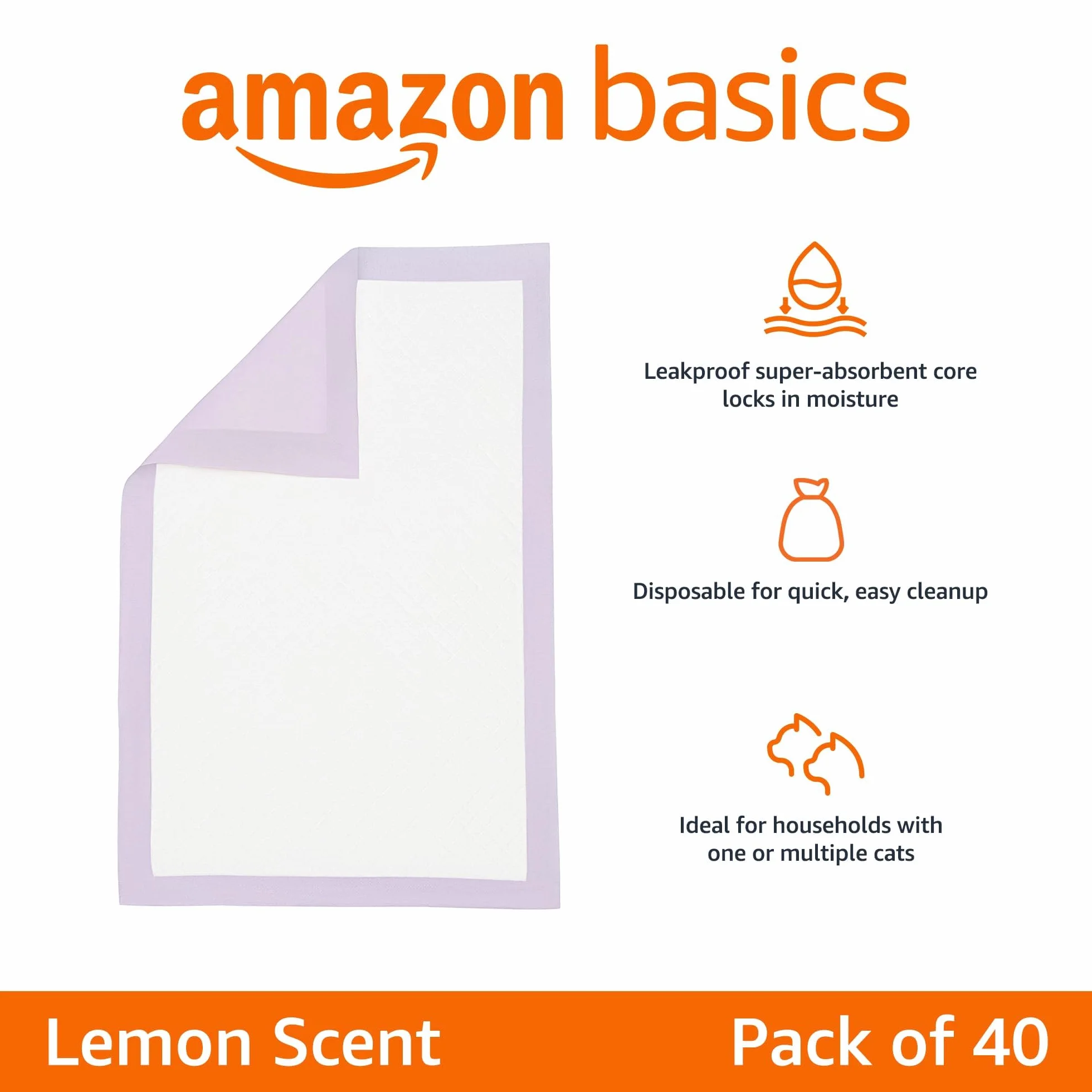 Amazon Basics Jednorazowe wkładki do kuwety dla kota, szybkoschnąca powierzchnia, zapach cytryny, opakowanie 40 sztuk