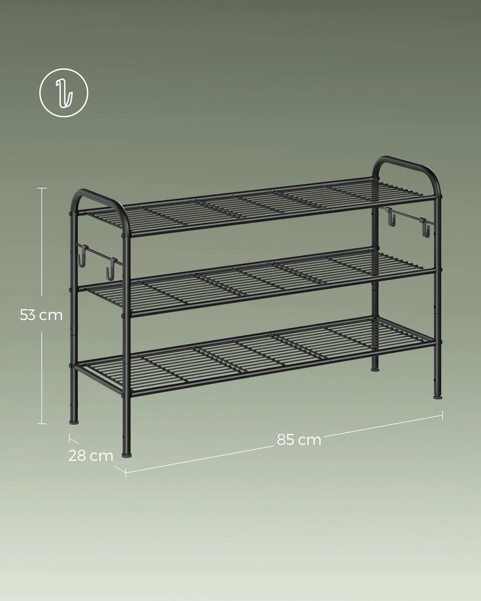 SONGMICS Półka na buty, 3-poziomowy organizer na buty, metal z 4 bocznymi haczykami, mieści 15 par, regulacja wysokości, do przedpokoju, przedpokoju, szafy, łatwy montaż, czarny atrament LMR138B01