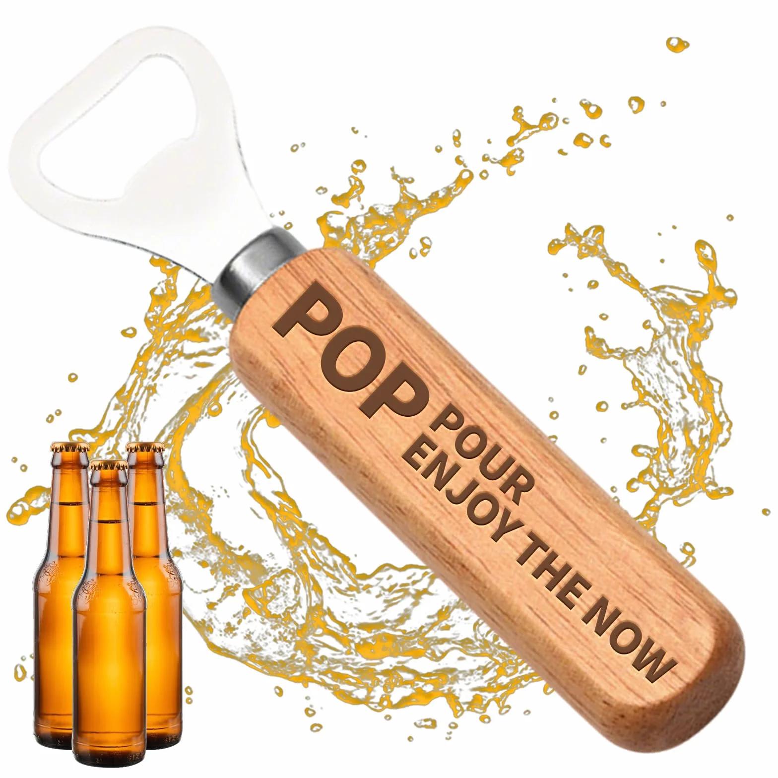 Otwieracz do butelek z POP POUR ENJOY THE NOW, drewniany otwieracz do butelek piwa, praktyczny otwieracz do butelek piwa, spersonalizowany prezent dla innych, nadaje się do domu, baru, BBQ, na