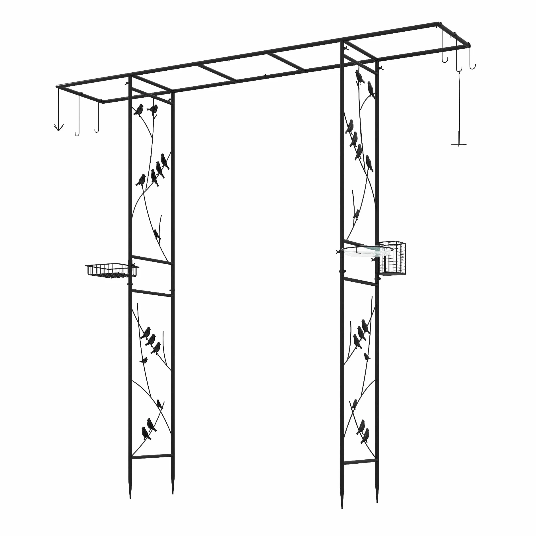 COSTWAY Łuk różany ze stacją do karmienia ptaków, metalowy łuk ogrodowy, 213 cm, łuk z misą na wodę, tacą i zestawem do zawieszania, metalowy łuk dla dzikich ptaków i roślin pnących, kratka różana do