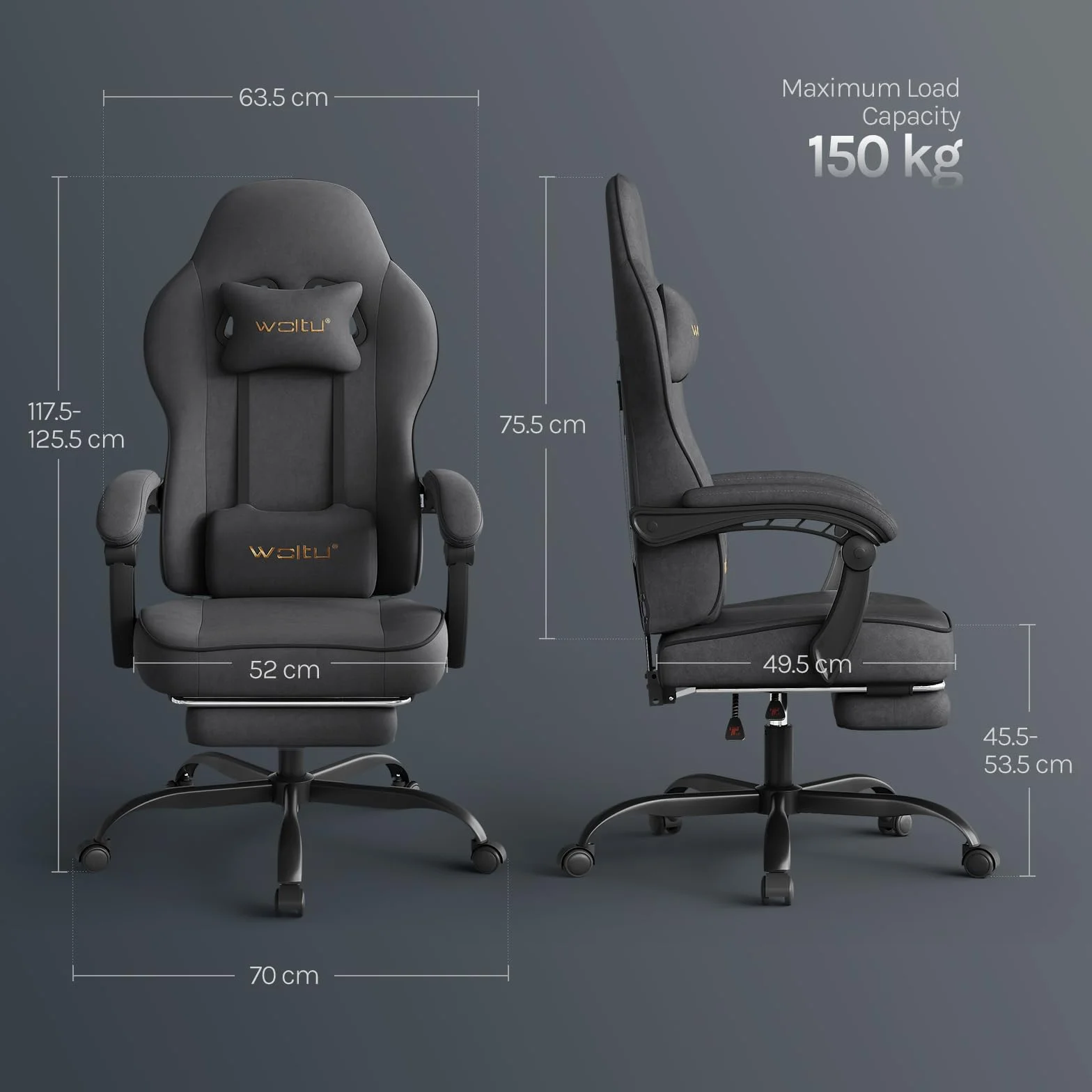 WOLTU Fotel gamingowy z tkaniny z wygodną podstawą sprężynową, chłodny latem, krzesło dla graczy o wysokiej wytrzymałości, ergonomiczne z poduszką na głowę, poduszką lędźwiową, podnóżkiem, tkanina
